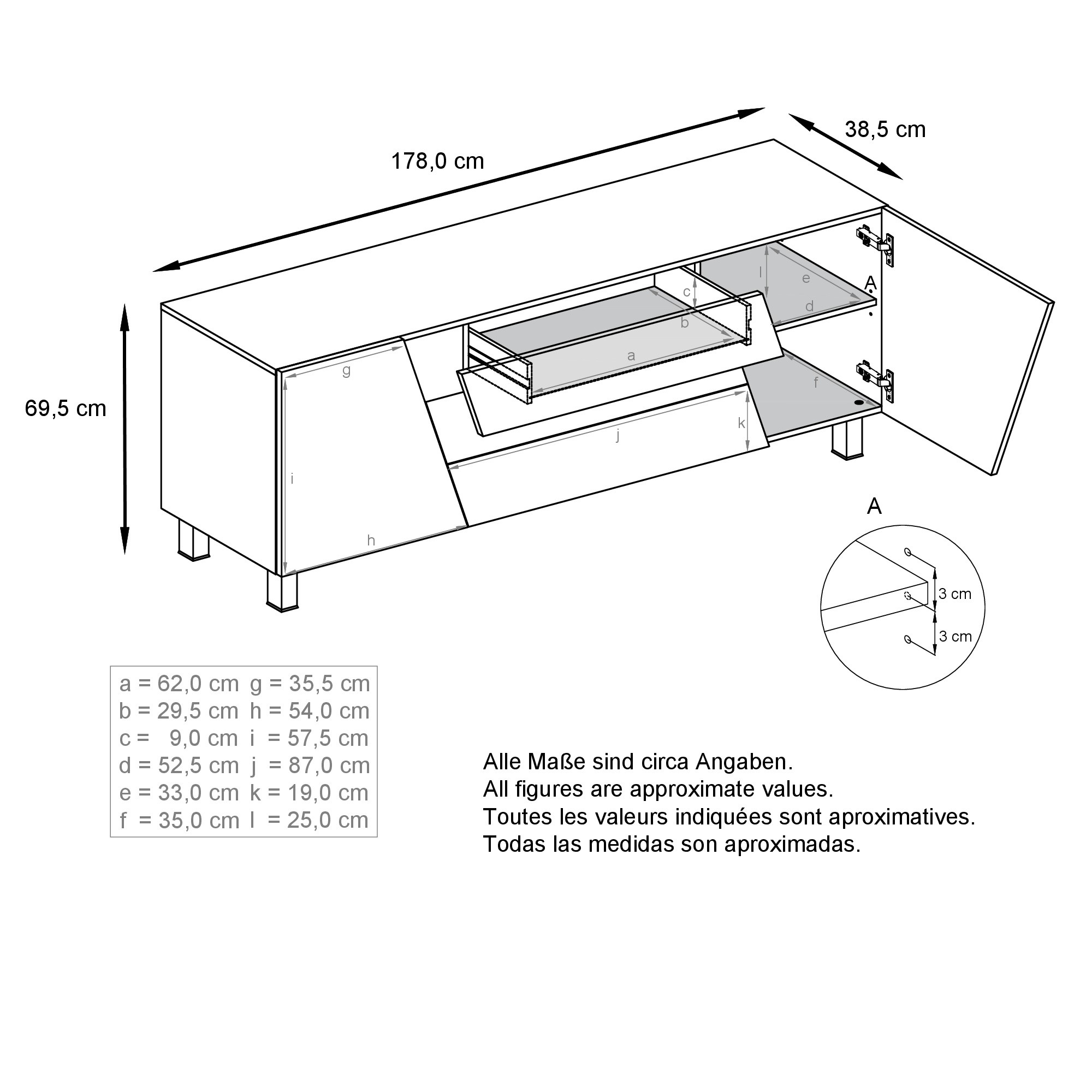 Houston Sideboard mit 2 Türen und 3 Schubladen Weiß matt/Weiß Hochglanz/Schwarz matt (178 x 57,5 x 38,5 cm)