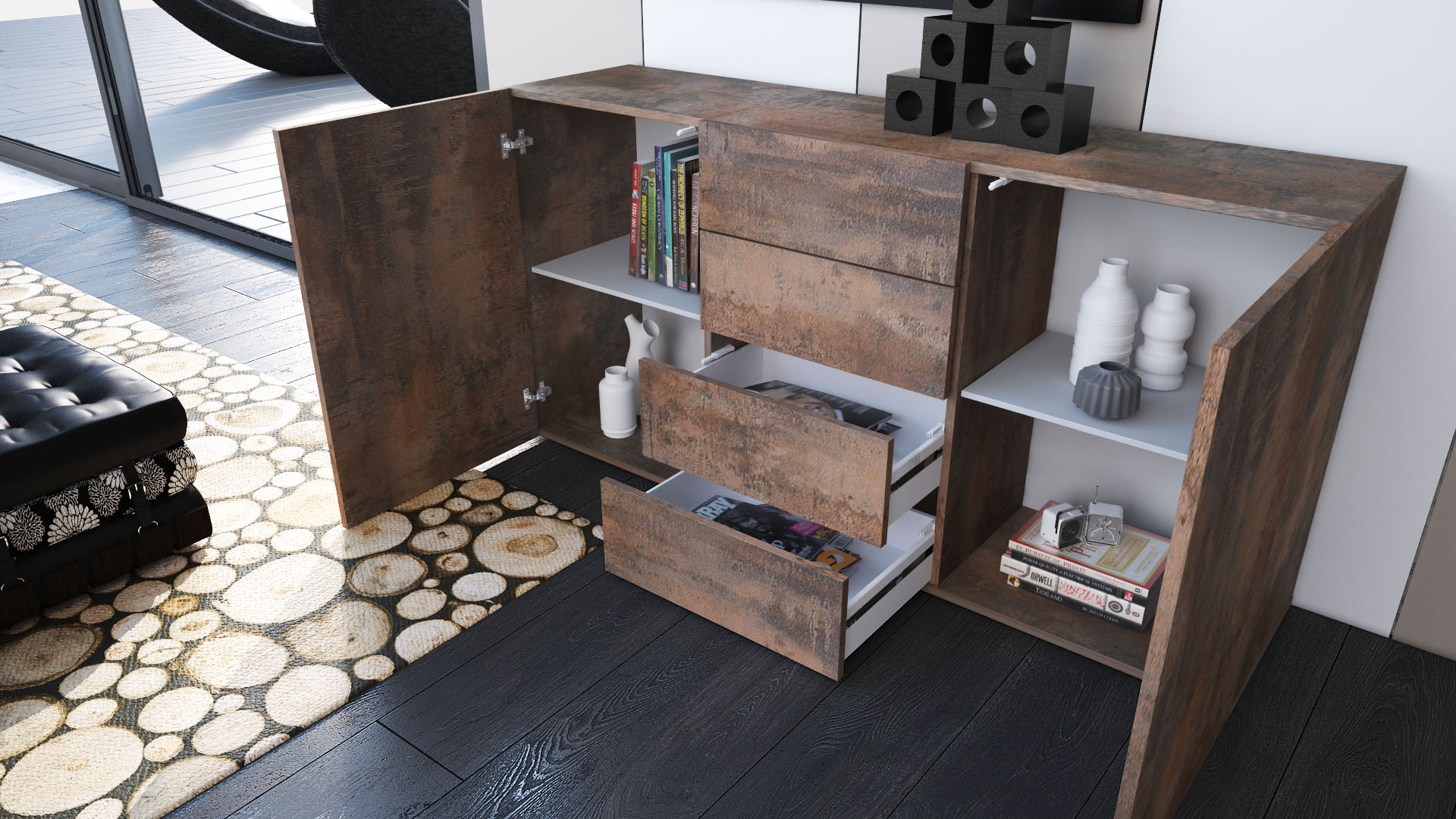 Sideboard Massa Stahl mit 2 großen Türen und 4 Schubladen  Stahlfarbe Antik (139 x 71 x 35 cm)