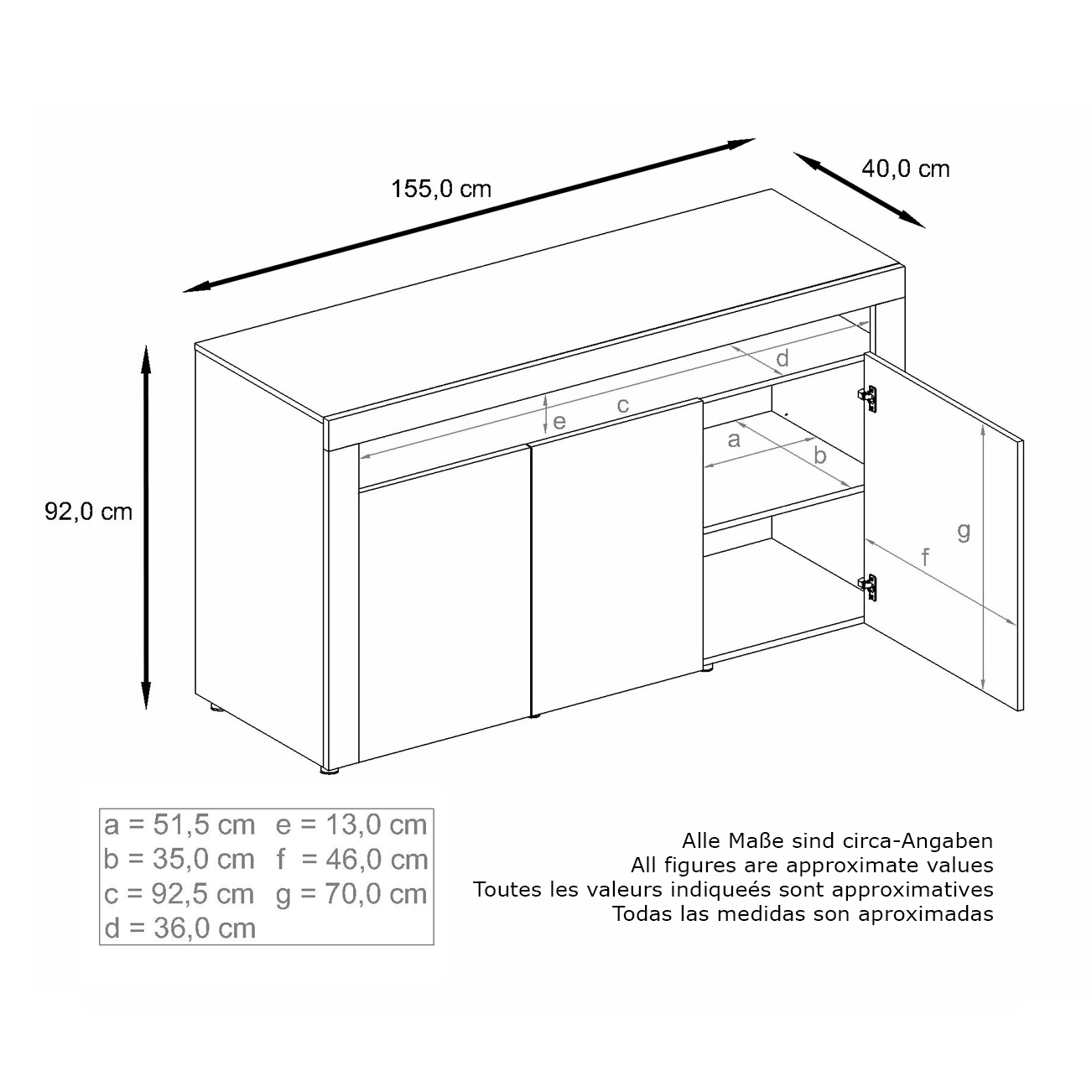 Sideboard Valencia  mit 3 Türen und 1 offenem Fach Weiß matt&glänzend mit 3D Struktur (155x92x40 cm)