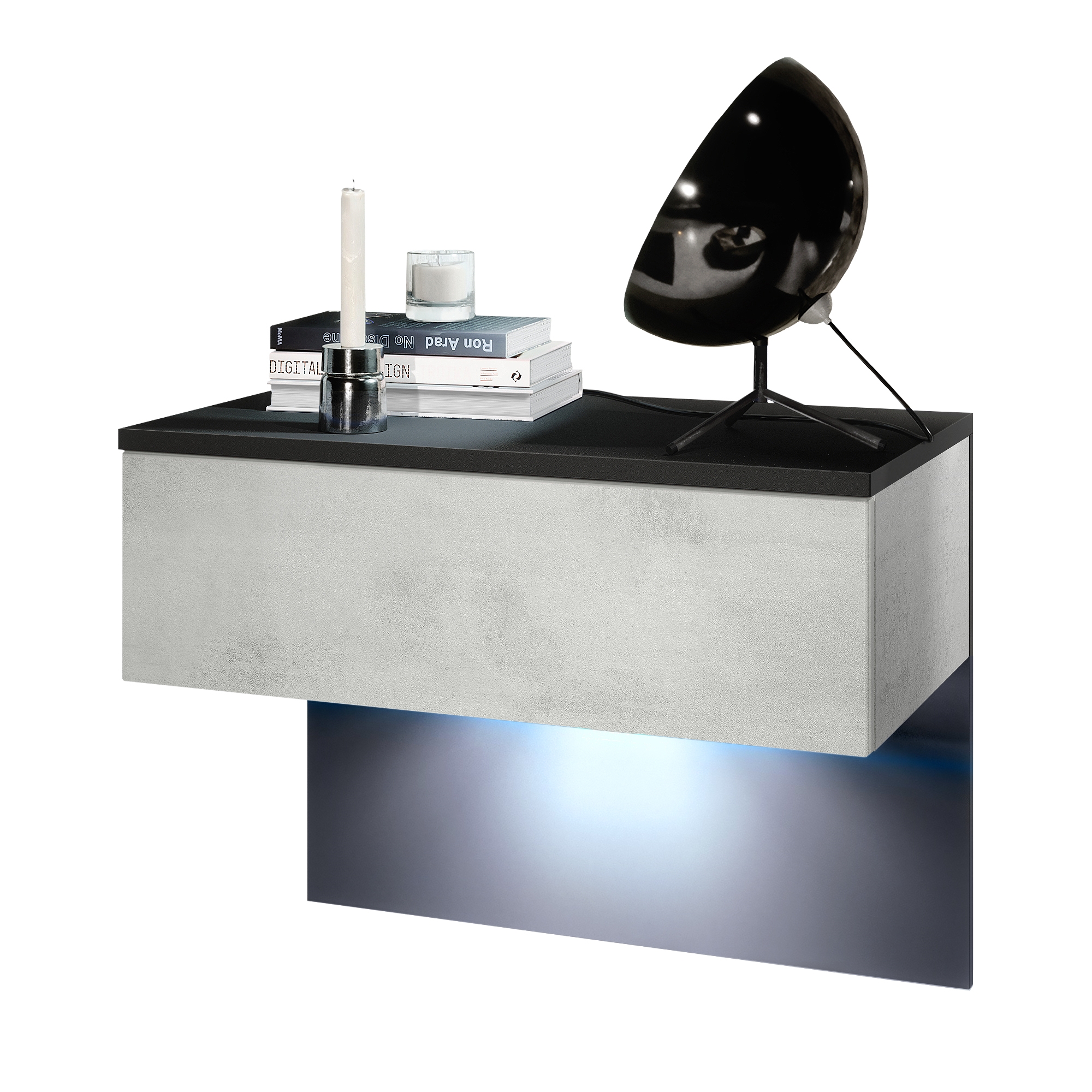 Nachttisch Sleep  mit Schublade zur Wandmontage Schwarz matt/Beton Oxid Optik, inkl. LED-Beleuchtung (60 x 46 x 35 cm)