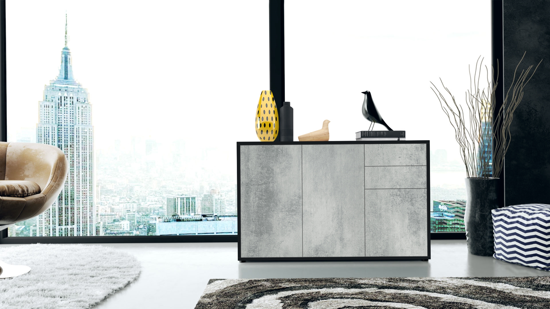 Kommode Ben V3  mit 3 Türen und 2 Schubladen Schwarz matt/Beton Oxid-Optik (117 x 74 x 36 cm)
