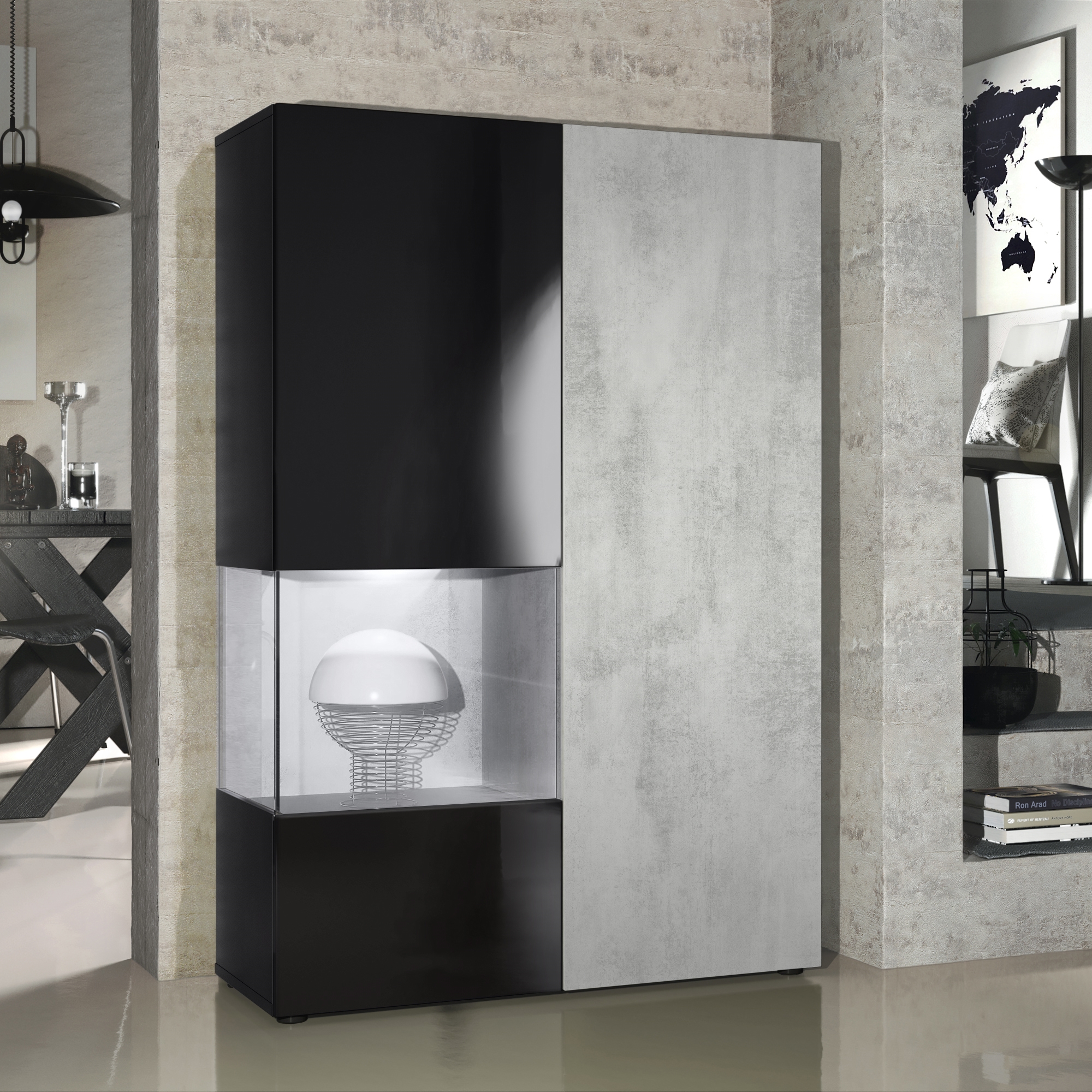 Vitrine Morena  mit 2 Türen dahinter ingesamt 7 Fächer Schwarz matt&glänzend/Beton Oxid Optik mit Beleuchtung (92x135x37 cm)