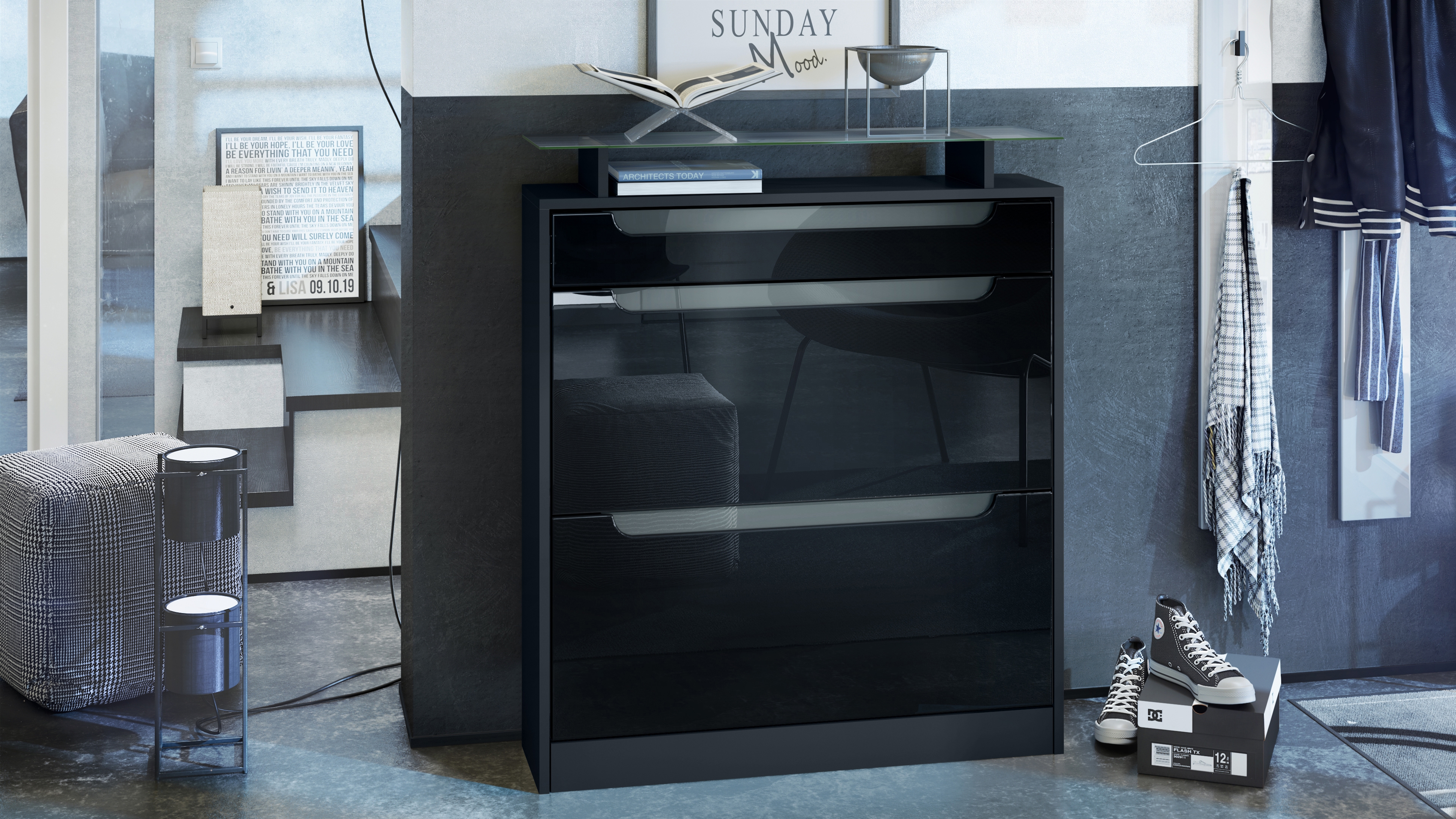 Fiesta Schuhschrank mit 2 Klappen, 1 Schublade und Glasablage Schwarz matt/Schwarz glänzend, Mulden in Grau glänzend (89x104x23 cm)