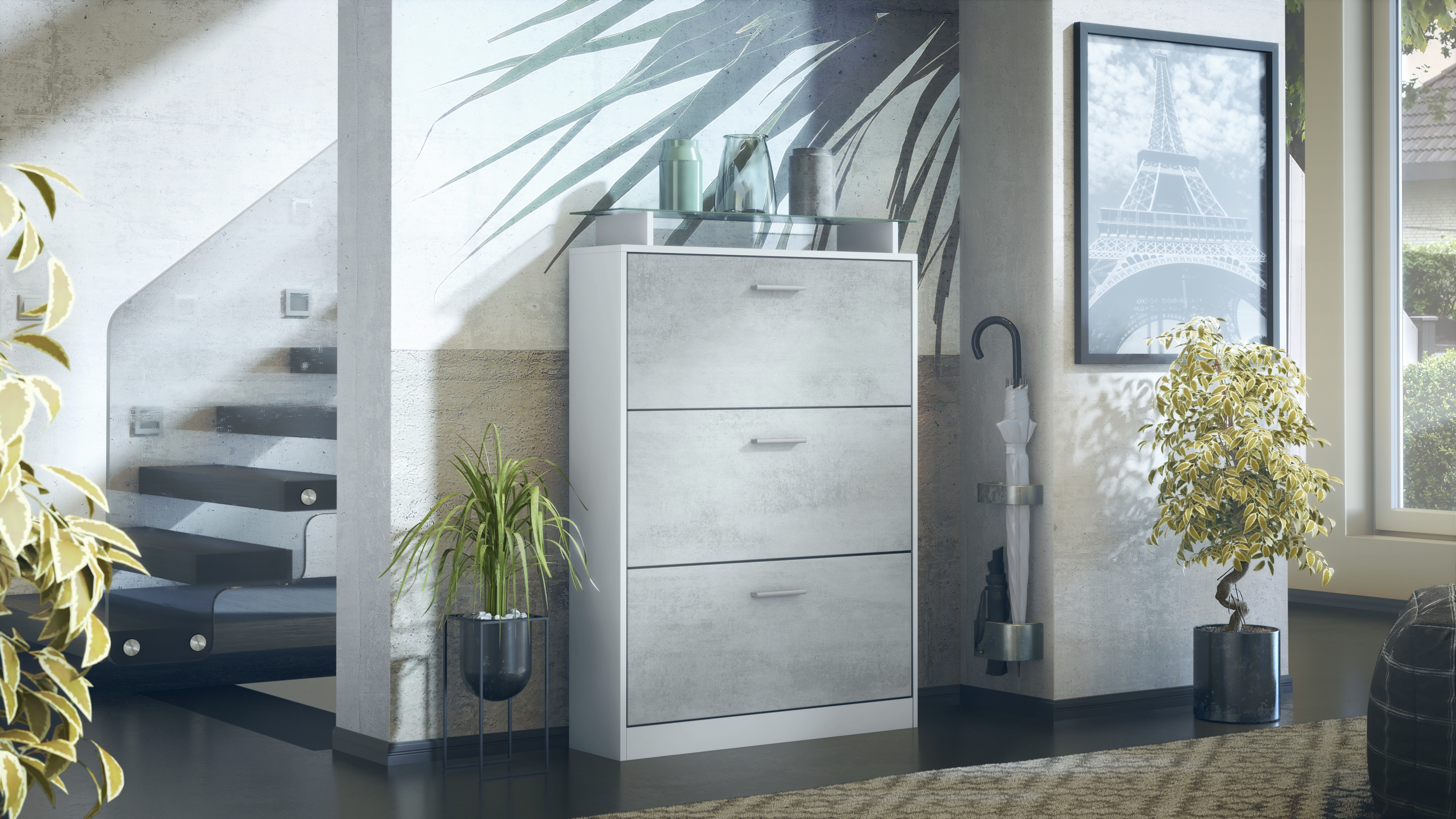 Schuhschrank Lavia  für 24 Paar Schuhe mit 3 Klappen und Glasablage Weiß matt/Beton Oxid Optik (89 x 128 x 23 cm)