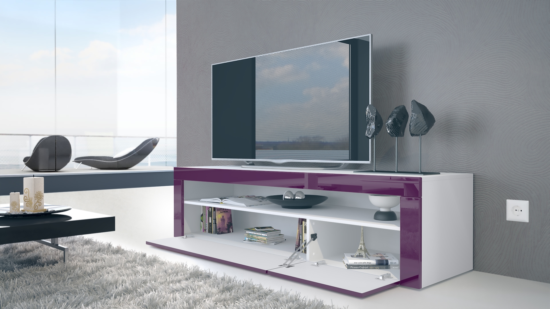 Wohnzimmer-Set Berlin bestehend aus 1 TV Board und 1 Couchtisch Weiß matt/Eiche Natur