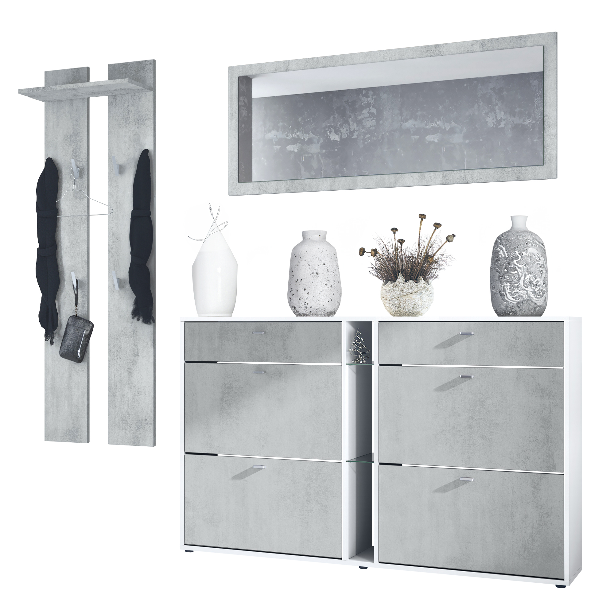 Garderobenset 3-tlg. Orlando mit Schuhschrank, Wandpaneel und Wandspiegel Weiß matt/Beton Oxid Optik