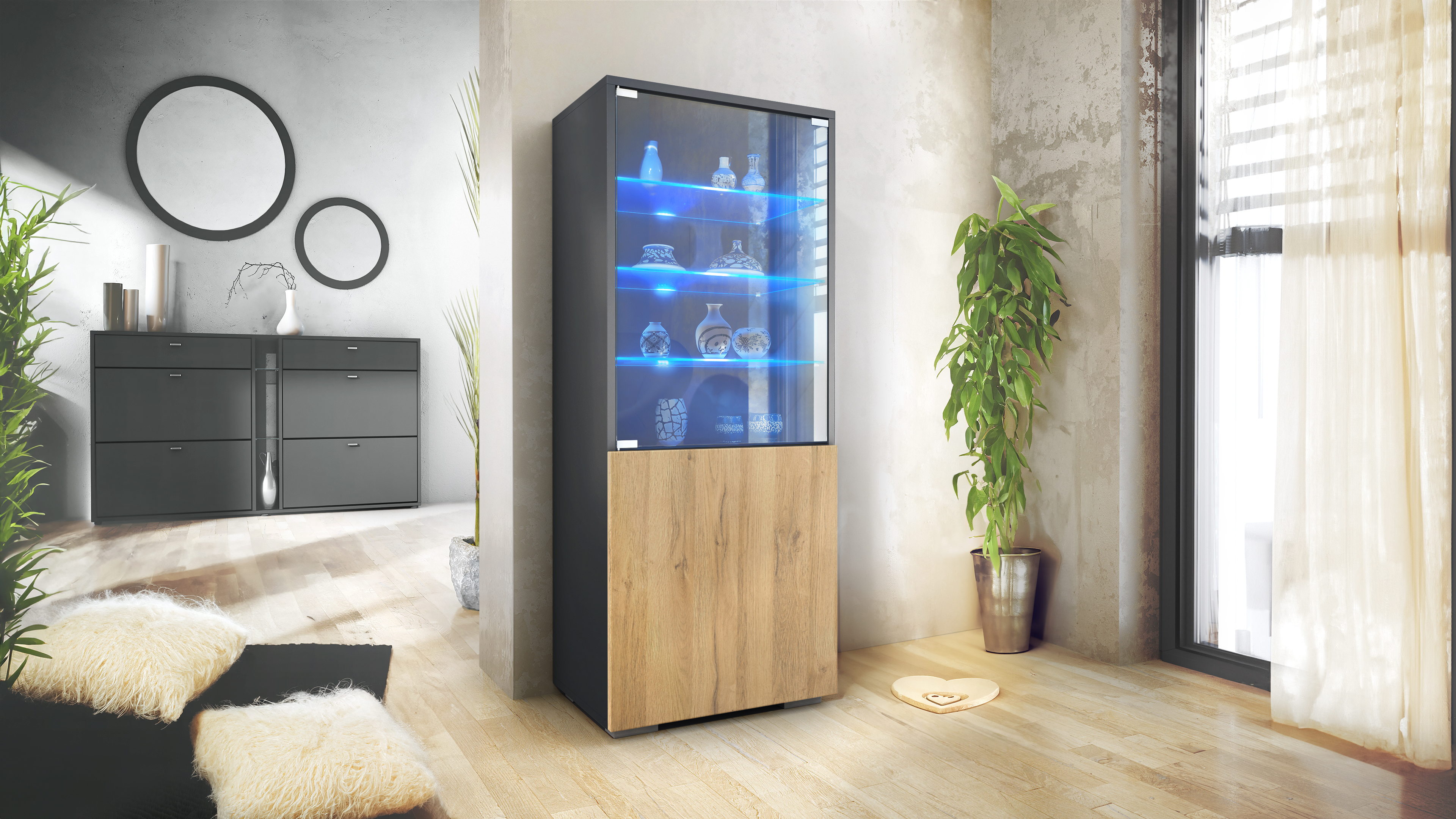 Granada Vitrine Anthrazit mit LED mit Glastür und Glaseinsatz inkl. LED Anthrazit matt/Eiche Natur (50 x 122,5 x 34,5 cm)