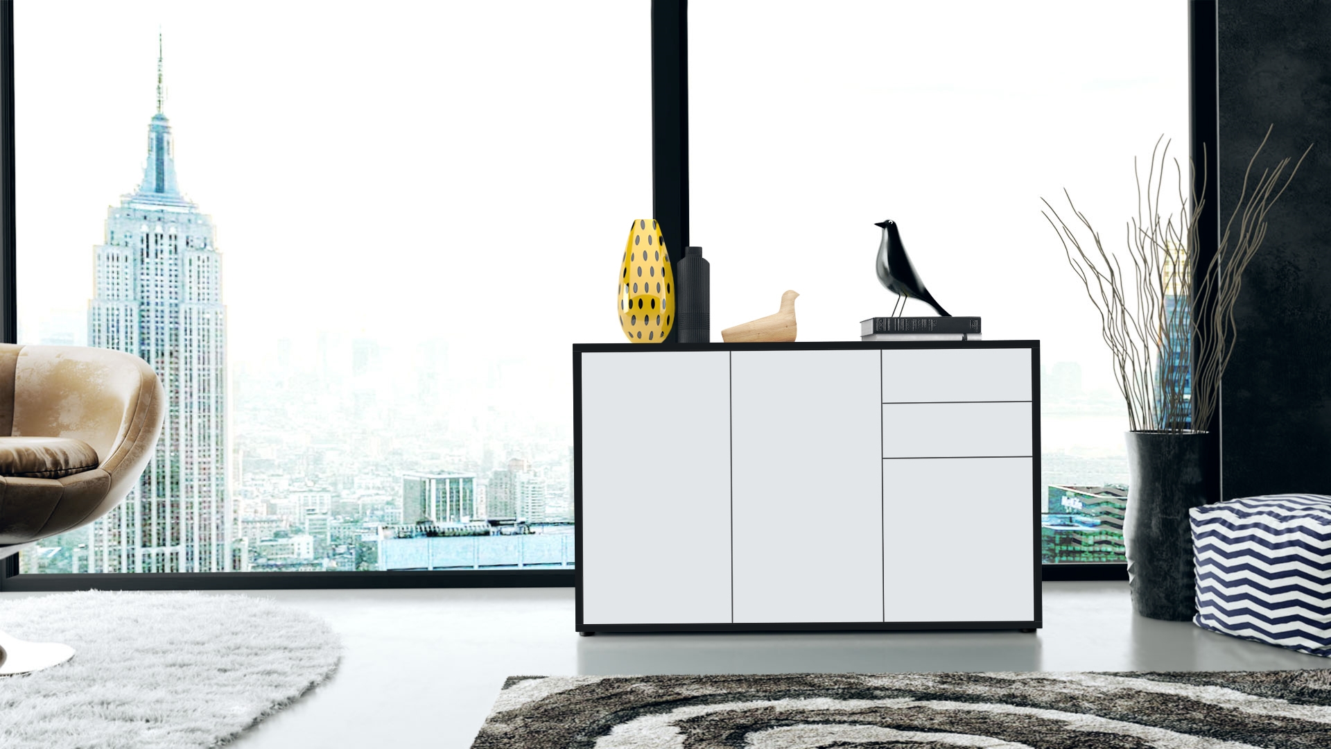 Kommode Ben V3  mit 3 Türen und 2 Schubladen Schwarz matt/Weiß matt (117 x 74 x 36 cm)