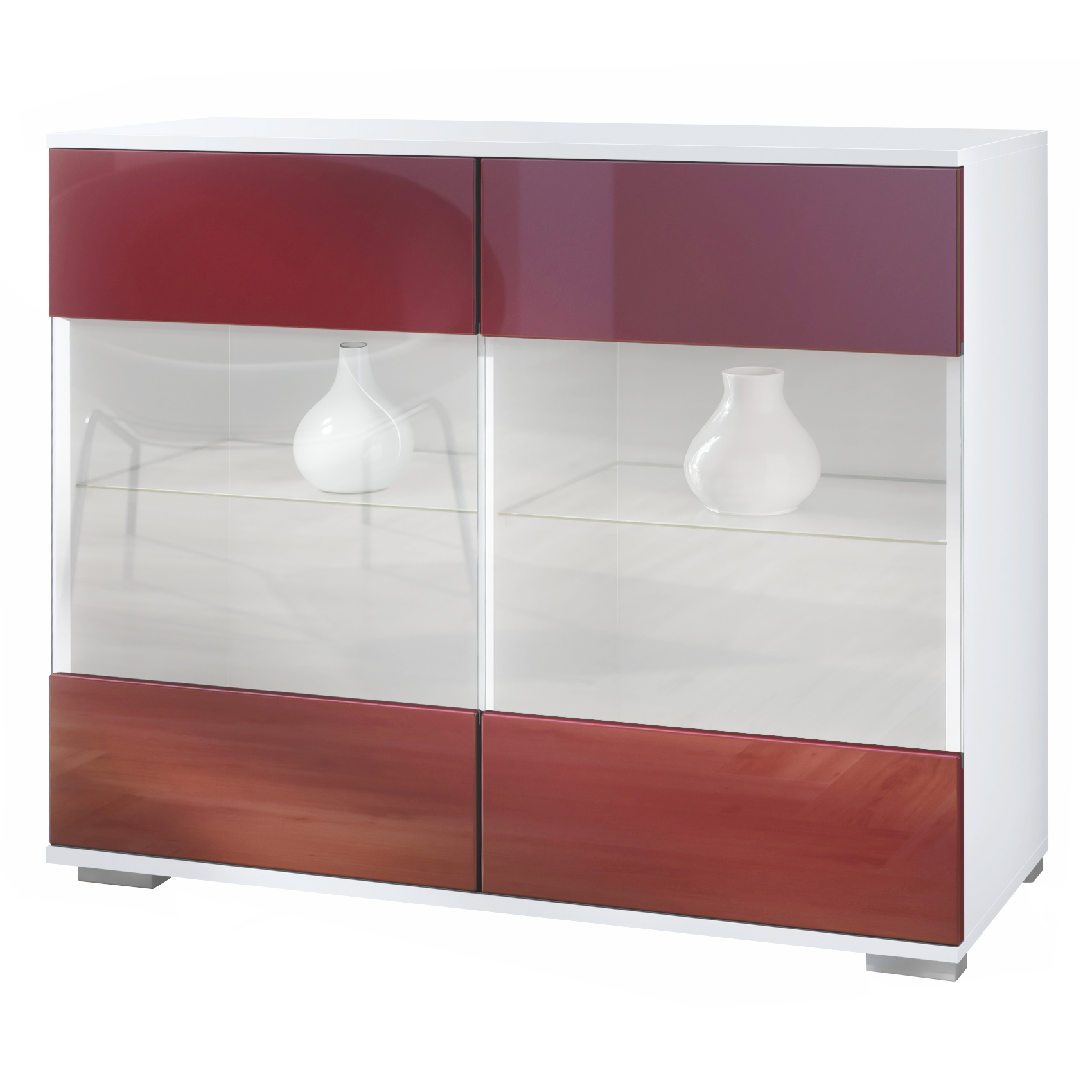 Bari V3 Kommode Weiß mit 2 großen Glastüren Weiß matt / Bordeaux Hochglanz (92,5 x 75.5 x 35)