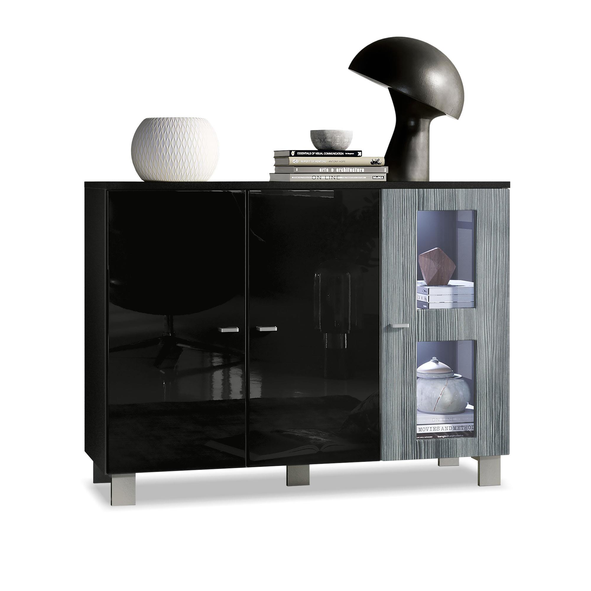 Sideboard Denjo  mit 3 Türen Schwarz matt&glänzend/Avola-Anthrazit mit Beleuchtung (107x81x35 cm)