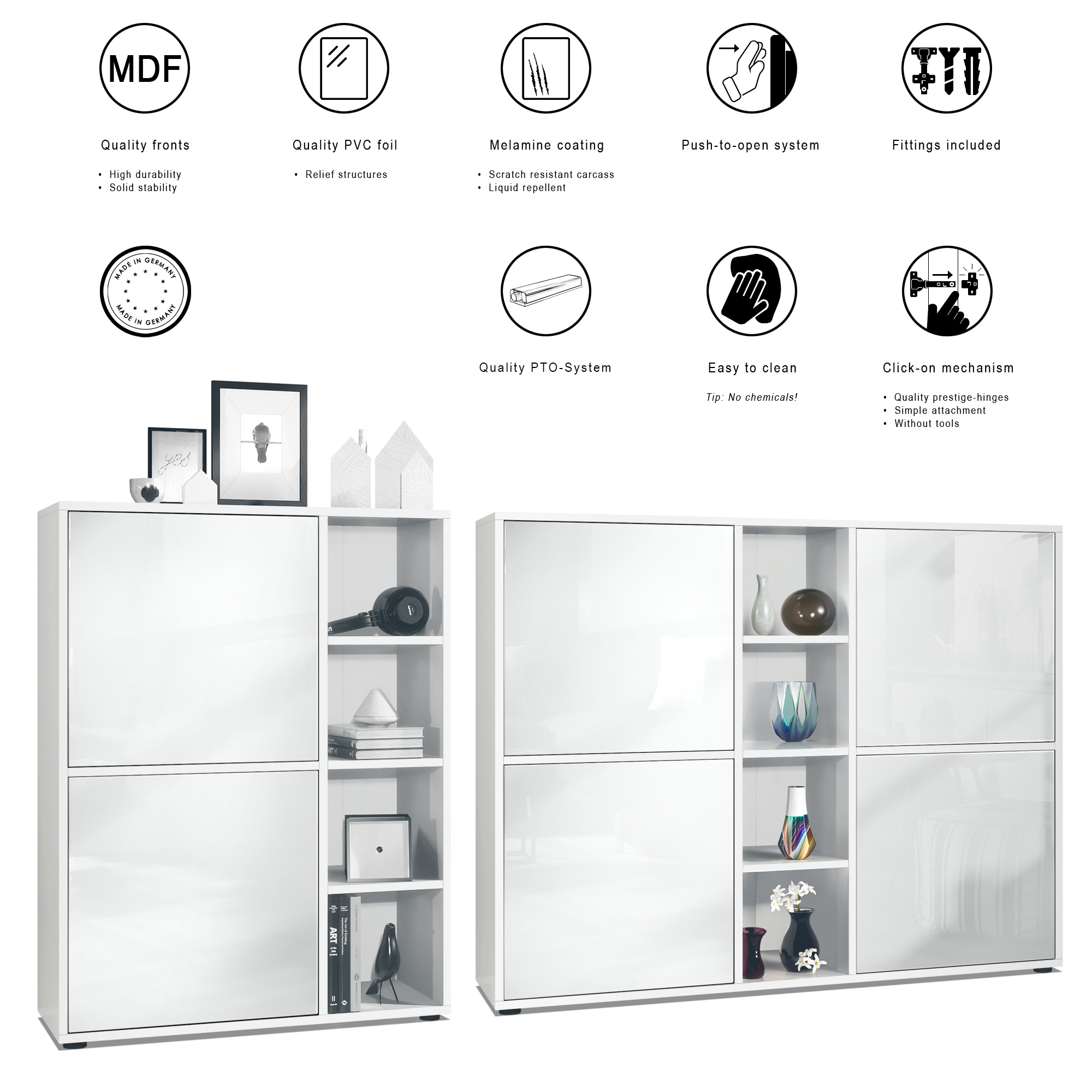 Wohnraum Set Miami bestehend aus 2 Highboards Weiß matt / Eiche sägerau