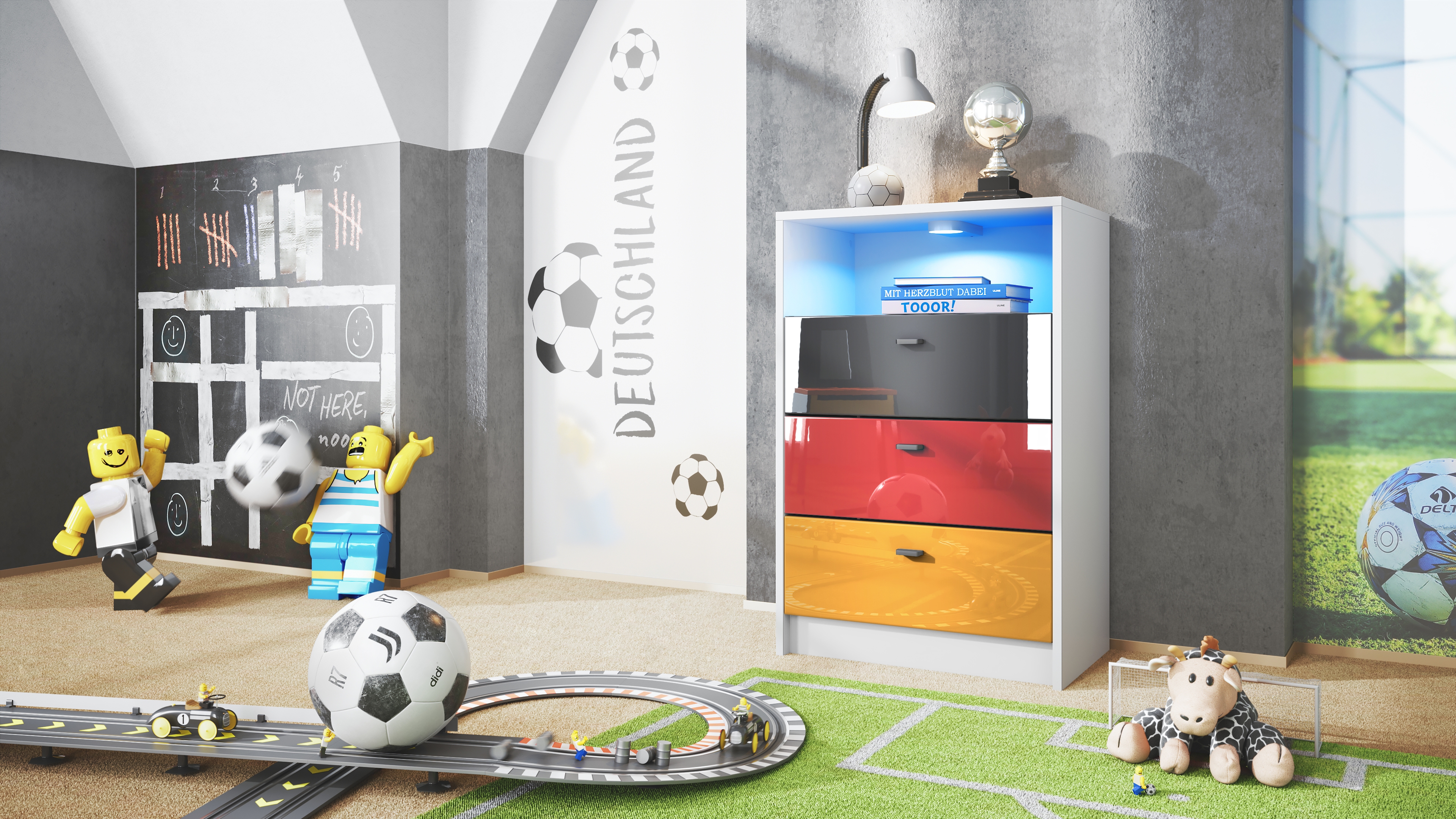 Pino V2 Kommode Fußball mit 3 Schubladen inkl. RGB LED Beleuchtung Fußball Deutschland - Schwarz, Rot & Gold Hochglanz (56x86,5x36 cm)