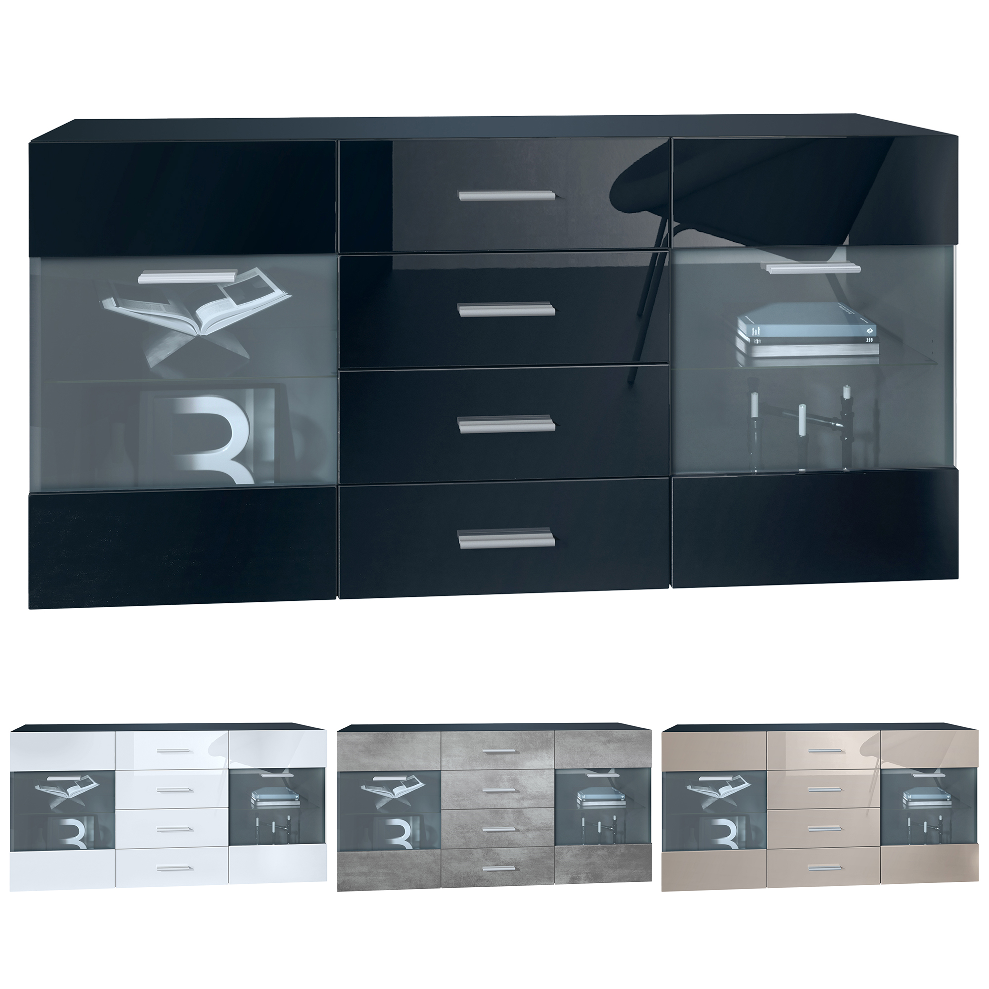 Sideboard Bari V1 4 Schubladen und 2 flexible Glaseinlegeböden Schwarz matt/Schwarz Hochglanz (139 x 72 x 35)