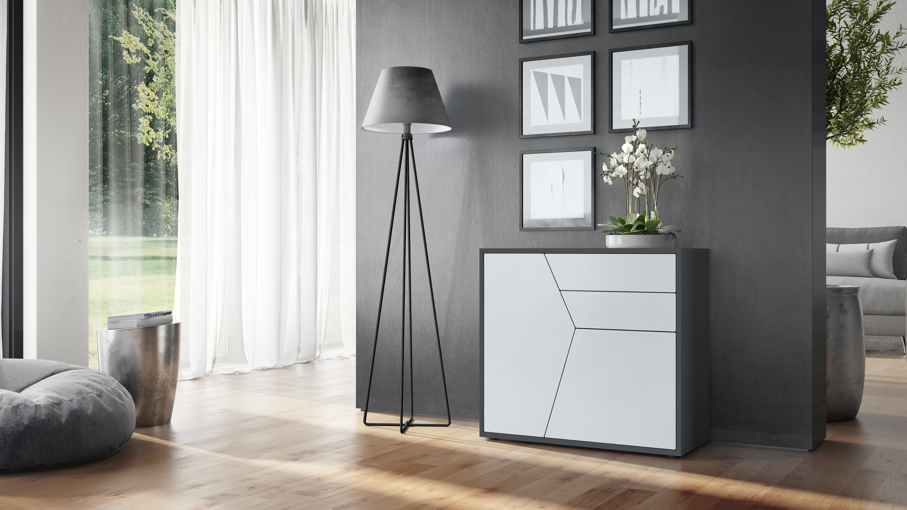 Benny Kommode  mit 2 Türen und 2 Schubladen Schwarz matt/Weiß matt (79 x 74 x 36 cm)