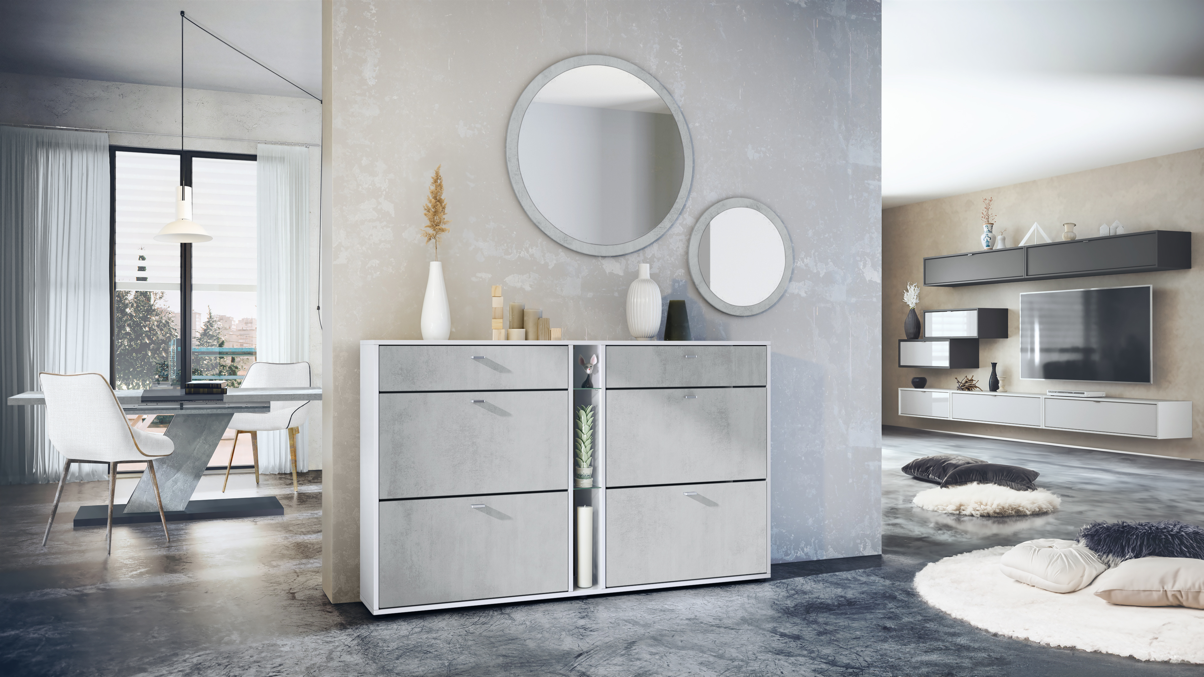 Garderobenset 3-tlg. Florence Weiß mit Schuhschrank und 2 Wandspiegel Weiß matt/Beton Oxid Optik