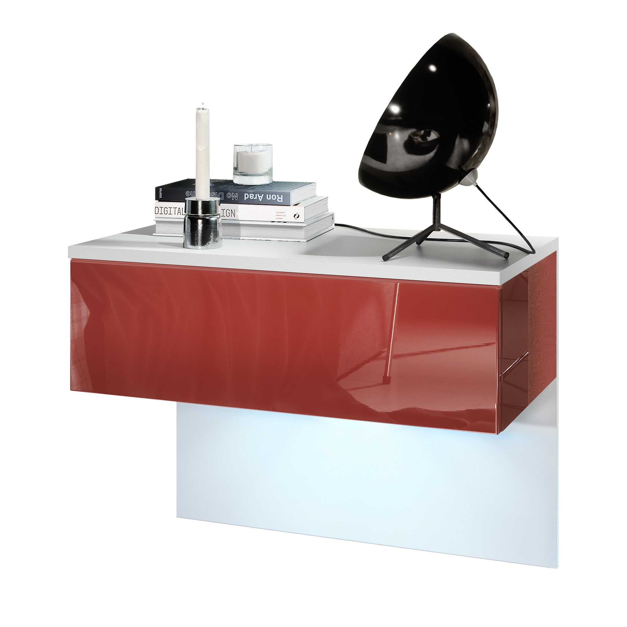 Nachttisch Sleep  mit Schublade zur Wandmontage Weiß matt/Bordeaux Hochglanz, inkl. LED-Beleuchtung (60 x 46 x 35 cm)