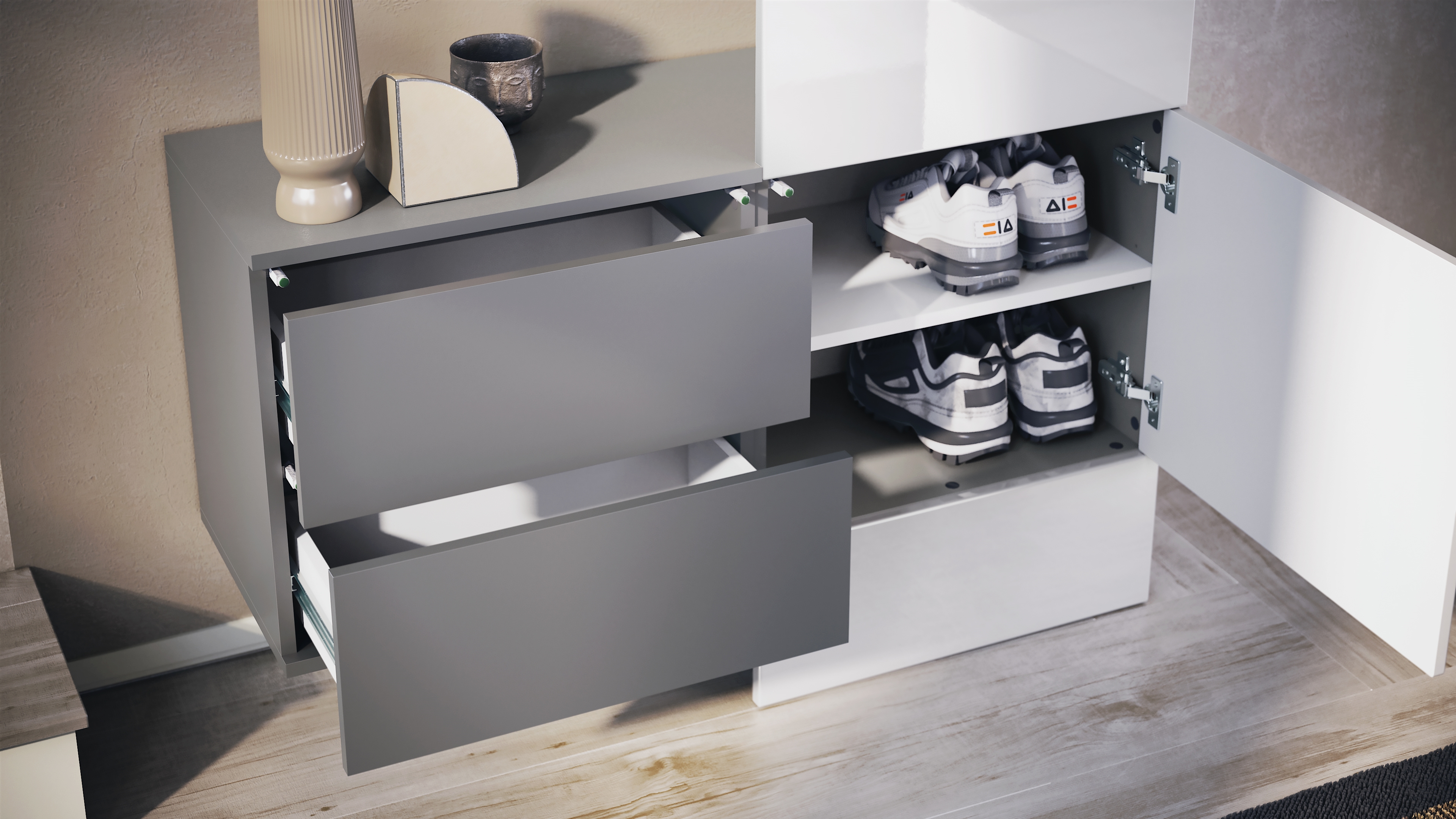 Garderobe Carlton Set 2 Anthrazit 3-tlg. 1 Paneel und 1 Schubkastenschrank Anthrazit matt/Beton Oxid Optik (105 x 193 x 35 cm)