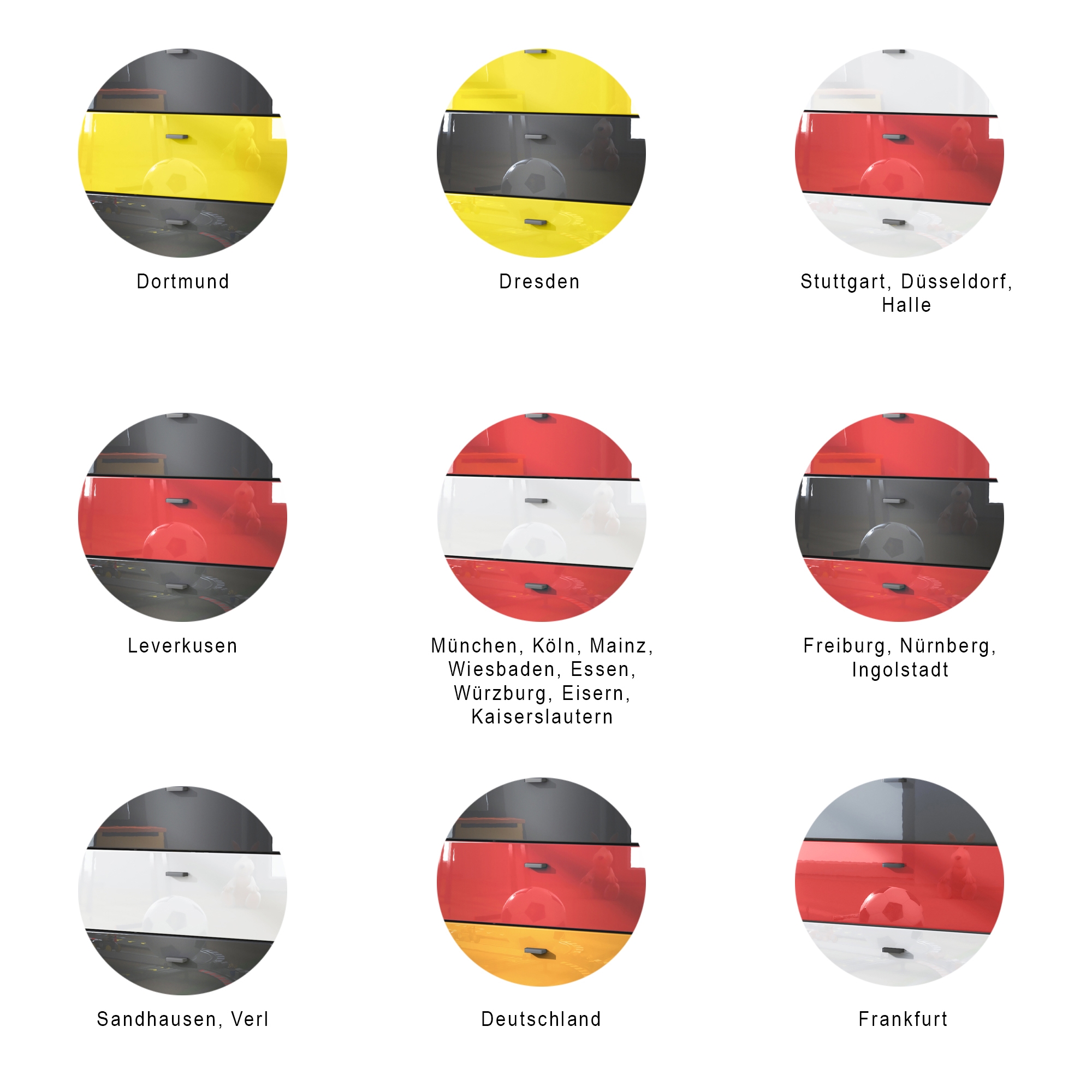 Pino V2 Kommode Fußball mit 3 Schubladen Fußball Deutschland - Schwarz, Rot & Gold Hochglanz (56x86,5x36 cm)