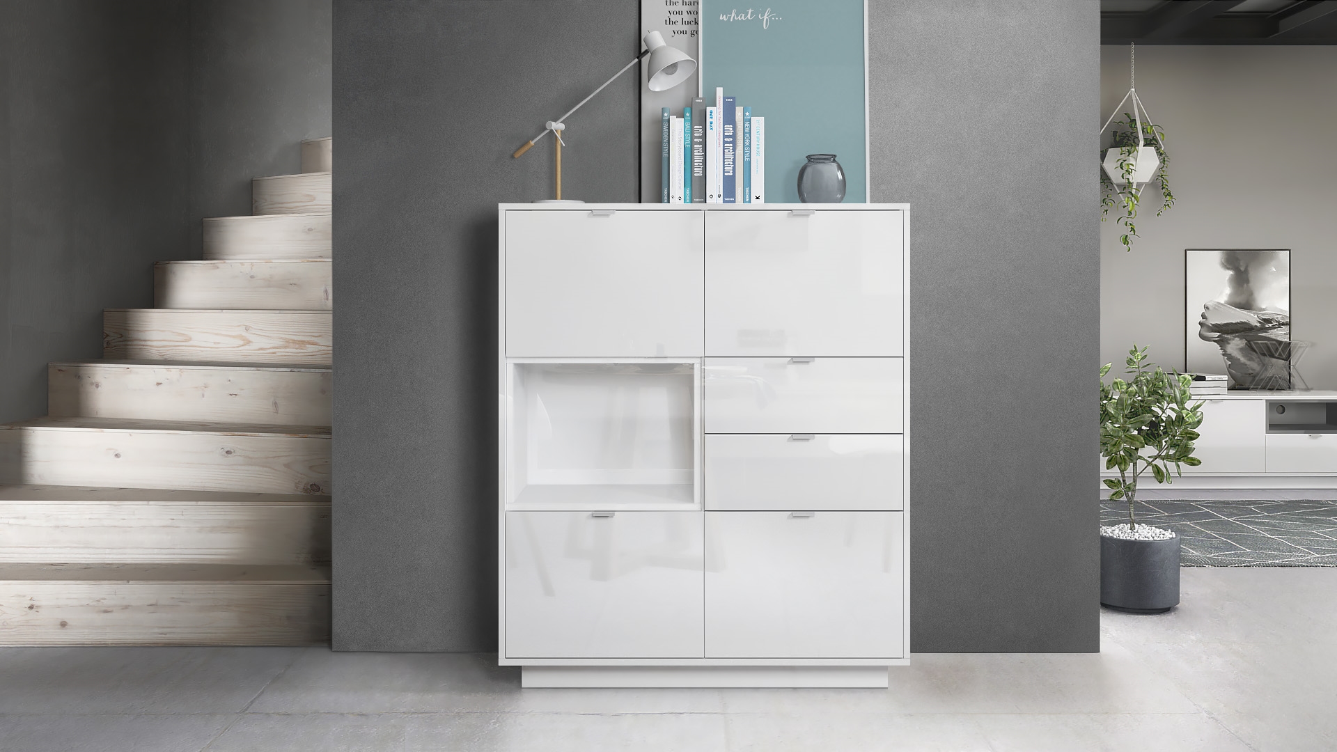Highboard Metro  mit 4 Türen, 2 Schubladen und 1 offenem Fach Weiß Hochglanz (103 x 123 x 38 cm)
