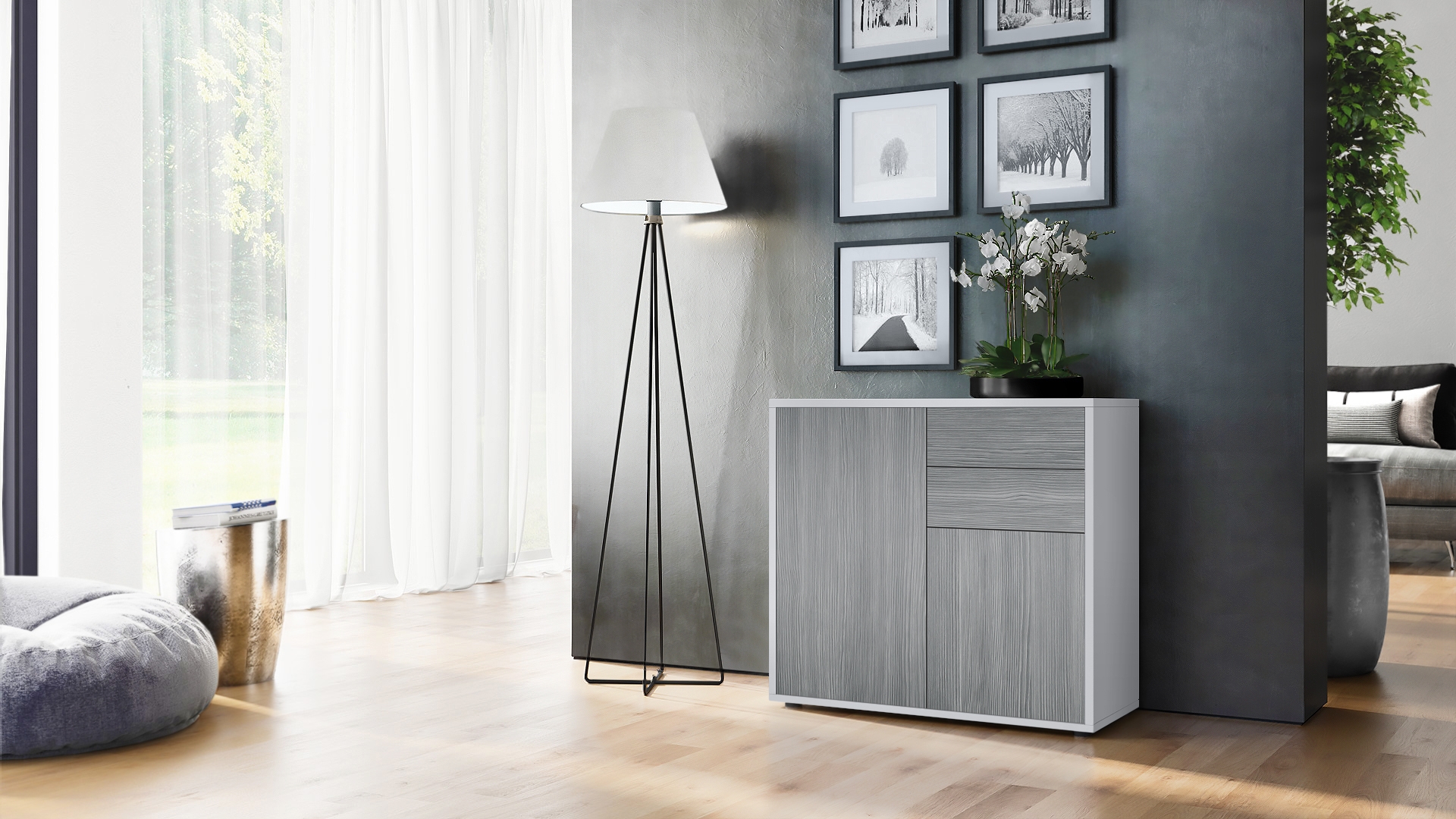 Kommode Ben  mit 2 Türen und 2 Schubladen Weiß matt/Avola-Anthrazit (79 x 74 x 36 cm)