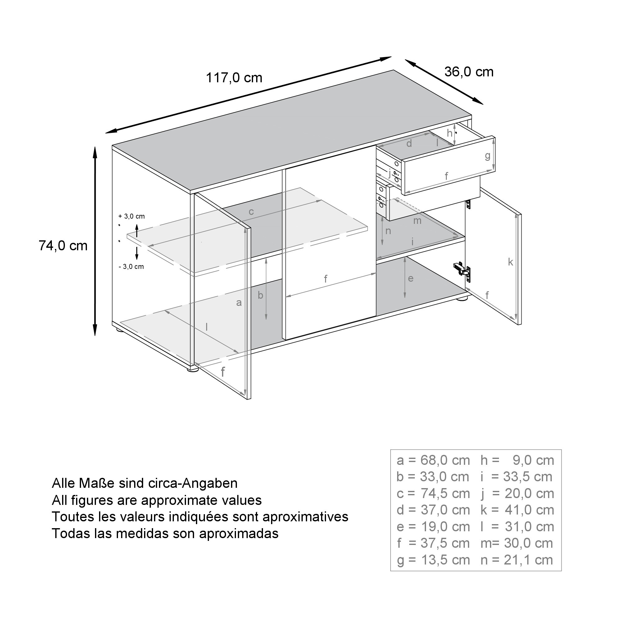 Kommode Ben V3  mit 3 Türen und 2 Schubladen Weiß matt/Beton Oxid-Optik (117 x 74 x 36 cm)