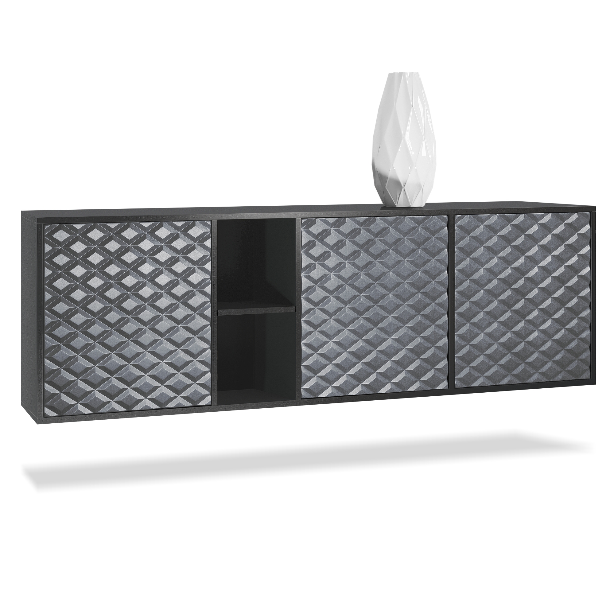 Sideboard Cuba  mit 3 Türen und 2 offene Fächer Schwarz matt/3D Stahlgrau (182 x 53 x 35 cm)