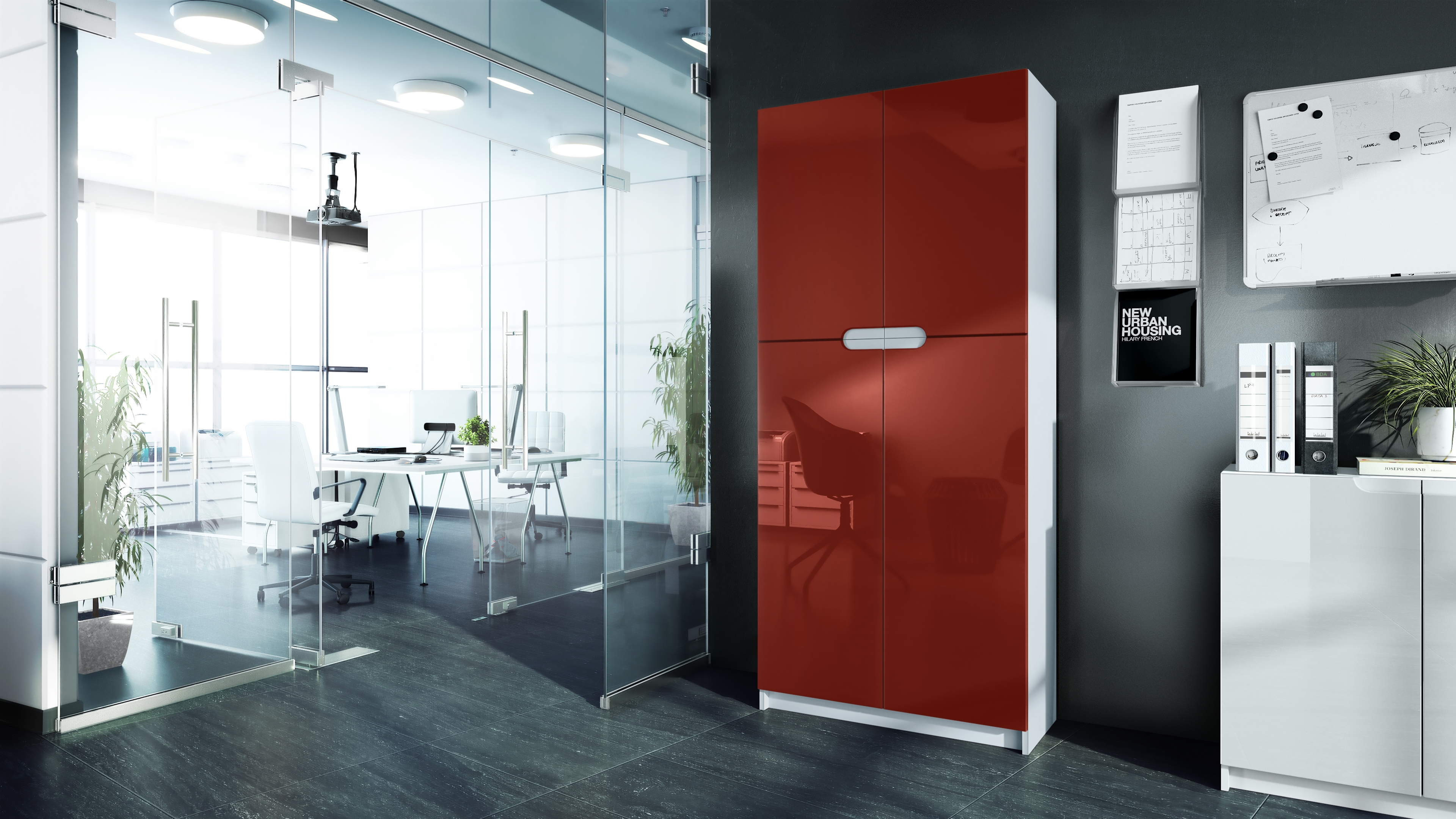 Büroschrank Logan V1 mit 5 Fächern und 4 Türen Weiß matt/Bordeaux Hochglanz (82 x 185 x 37 cm)