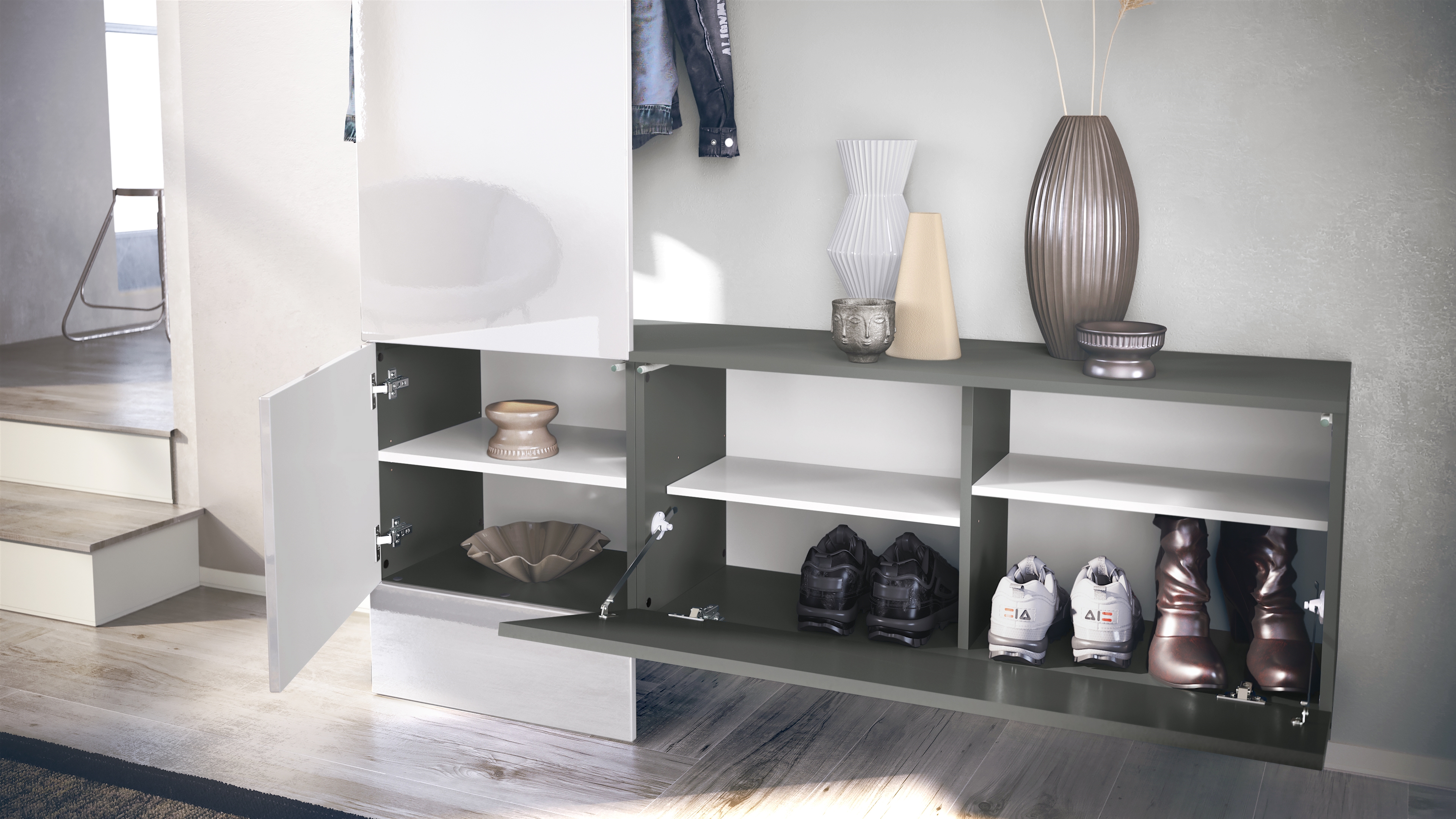 Garderobe Carlton Set 4 Anthrazit 3-tlg. 1 Paneel und 1 Schrankmodul Anthrazit matt/Creme Hochglanz (156,5 x 193 x 35 cm)