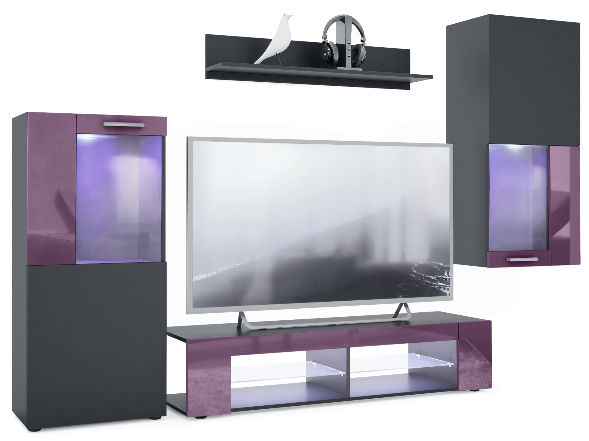 Wohnwand Movie 4-tlg. Schwarz mit LED  bestehend aus 1 TV-Board, 2 Vitrinen und 1 Regal Schwarz matt/Brombeer glänzend mit Beleuchtung in Weiß (300x190x39 cm)