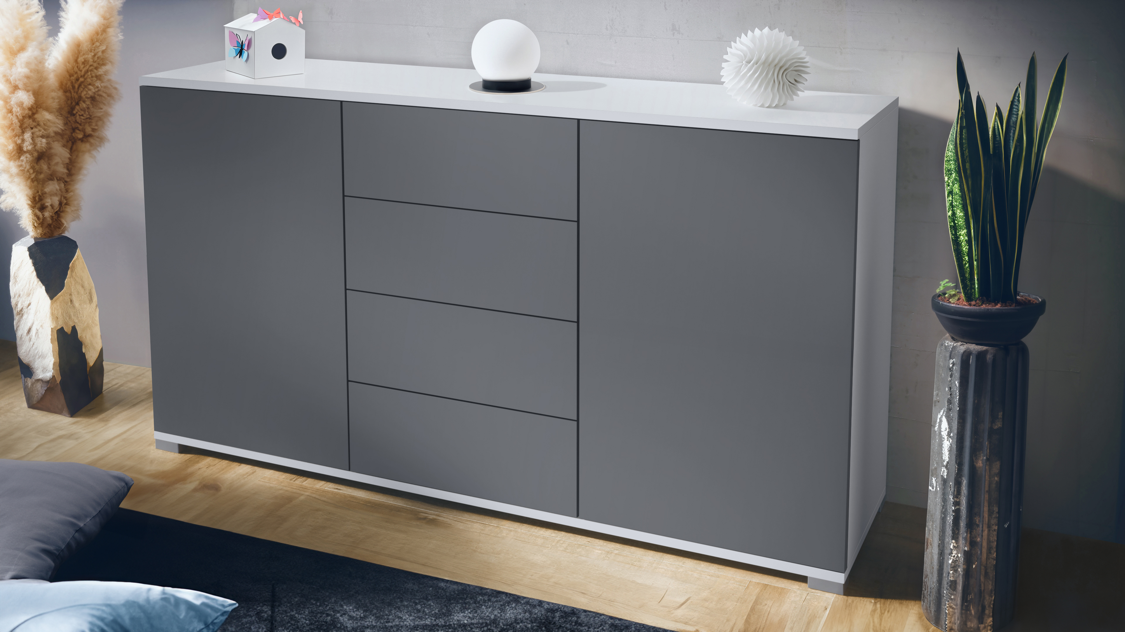 Santo V1 Sideboard Weiß mit 2 Türen und 4 Schubladen Weiß matt/Anthrazit matt (138,5 x 75,5 x 35 cm)