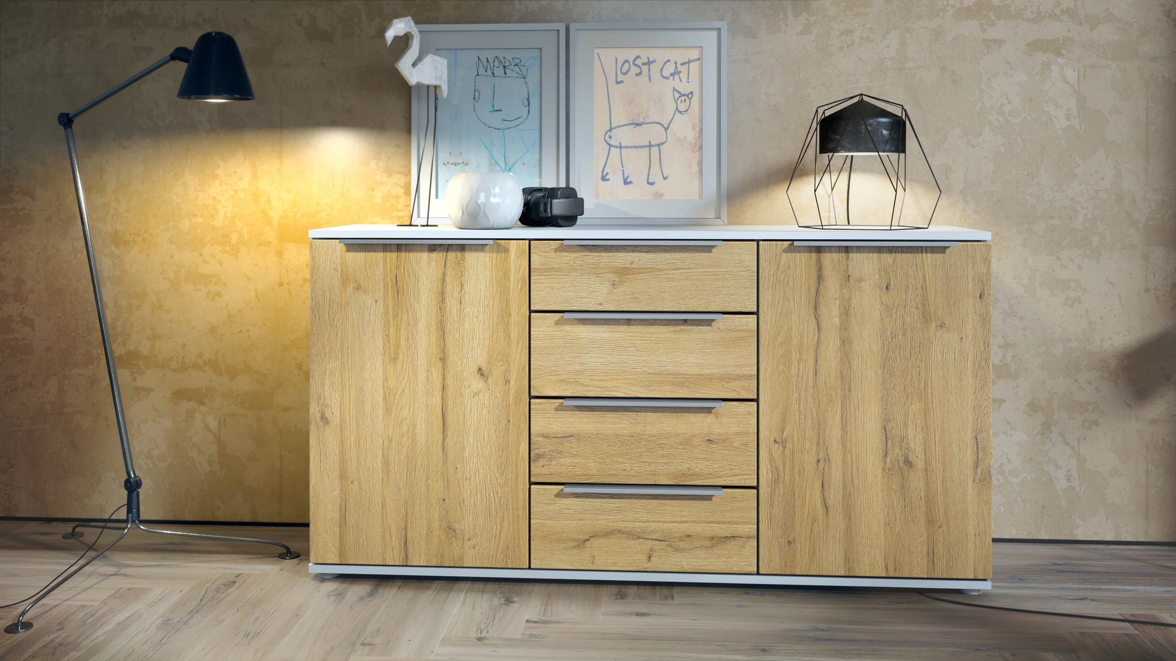 Linio V1 Sideboard  mit 2 Türen und 4 Schubladen Weiß matt/Eiche Natur (139 x 72,5 x 35 cm)