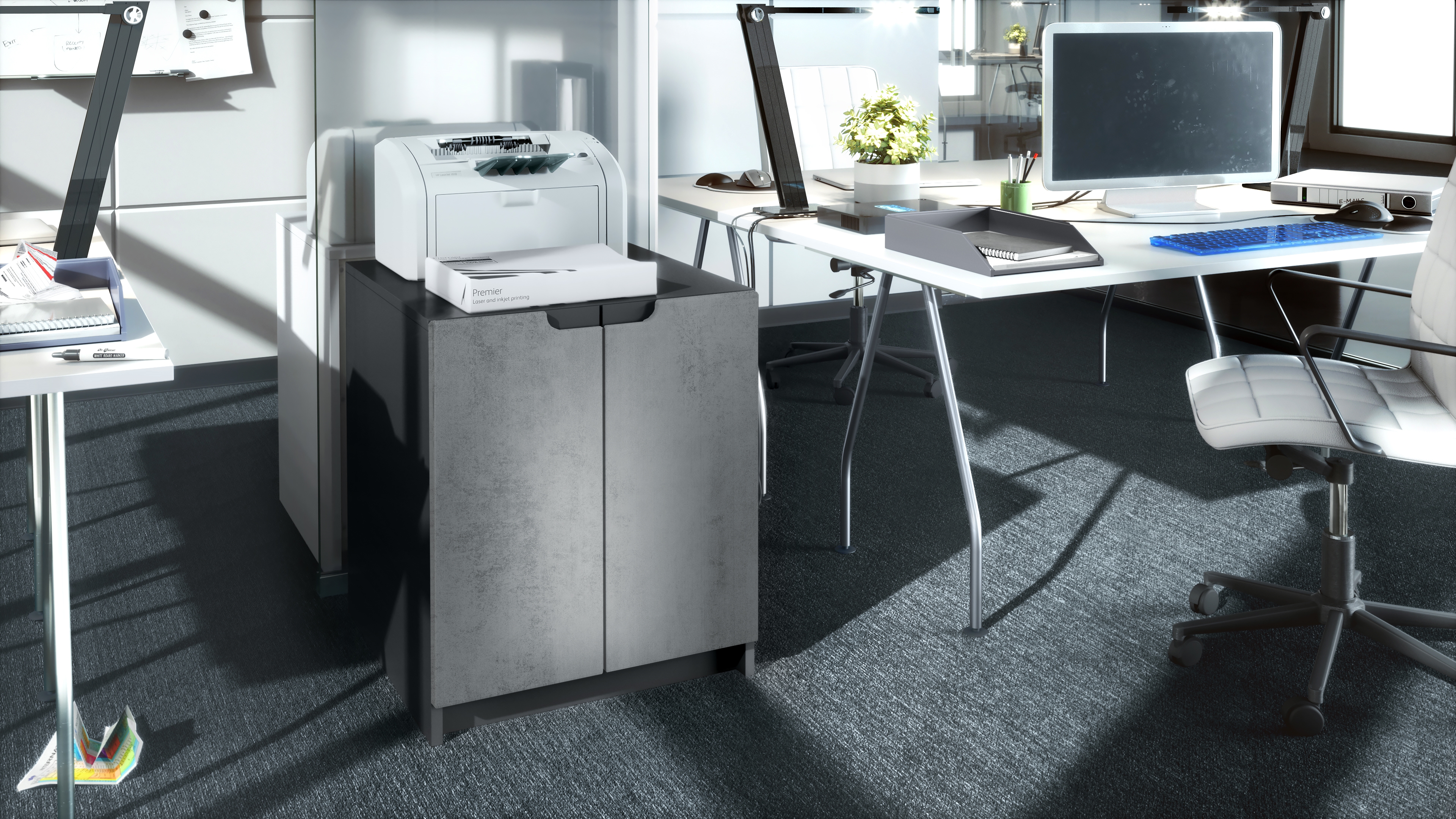 Druckerkommode Logan mit 2 Fächern und 2 Türen Schwarz matt/Beton Dunkel Optik, (51 x 60,5 x 54 cm)