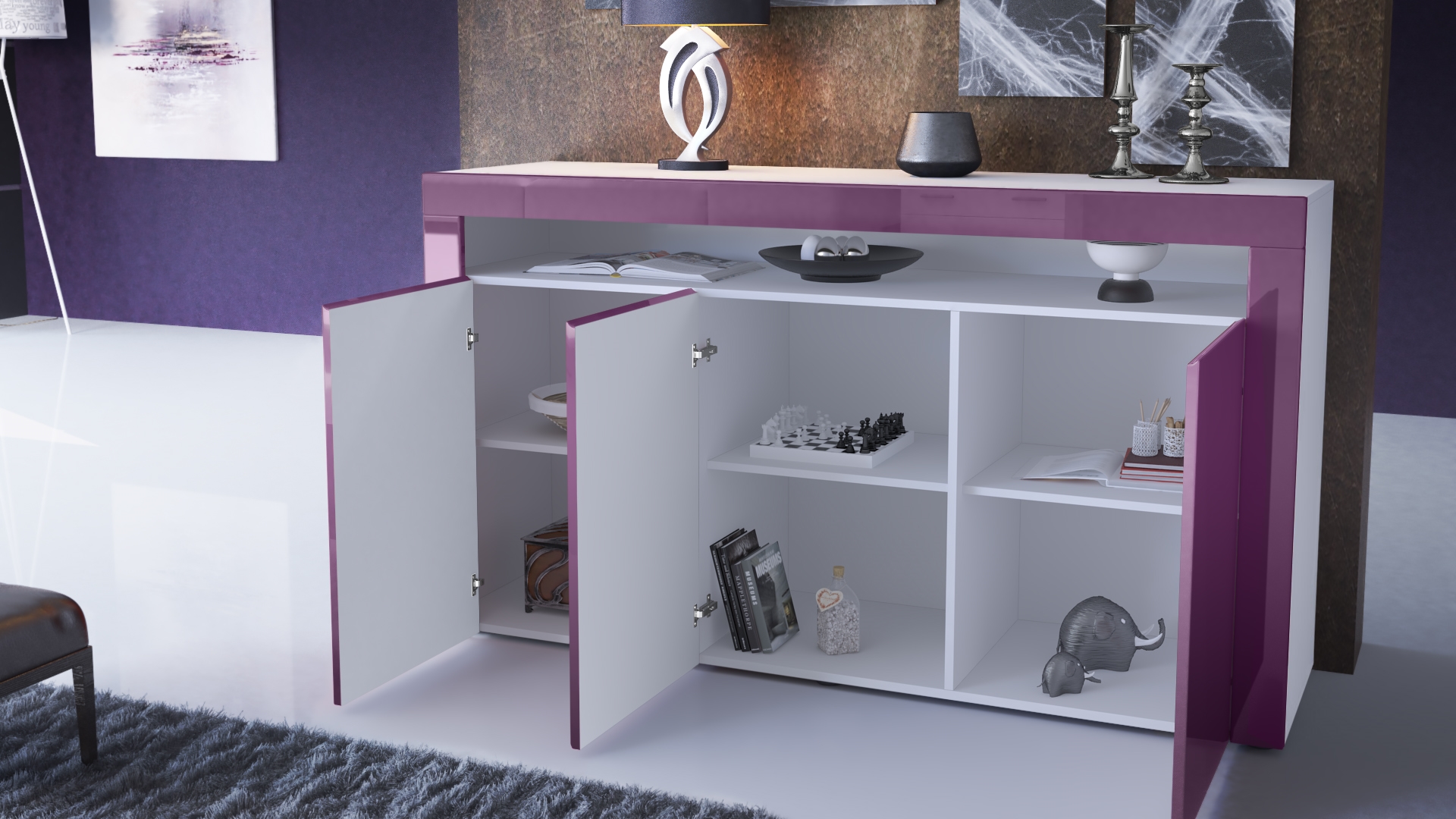 Sideboard Valencia  mit 3 Türen und 1 offenem Fach Weiß matt&glänzend mit 3D Struktur (155x92x40 cm)