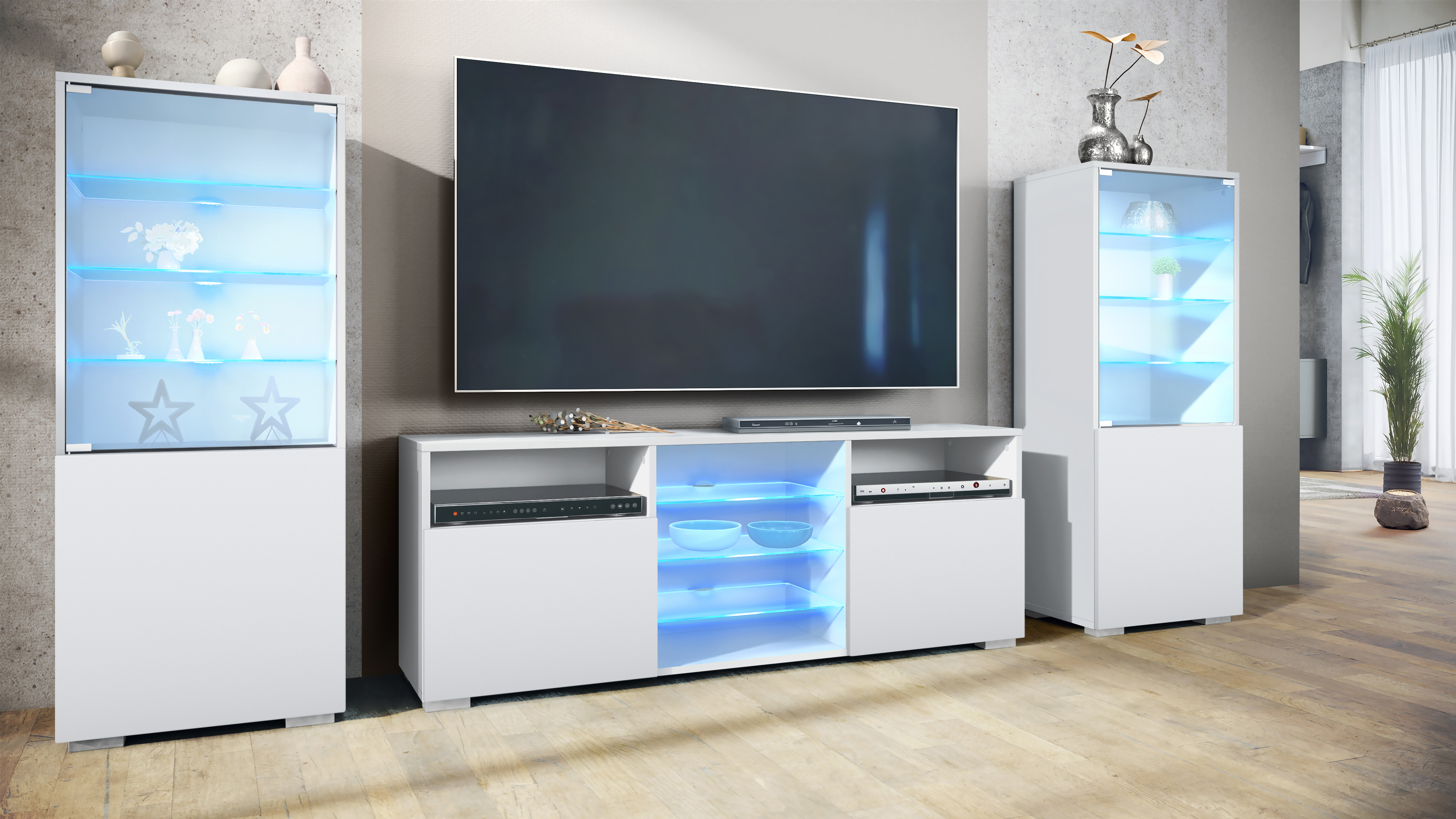 Wohnwand 3-tlg. Granada Weiß LED bestehend aus 2 Vitrinen, 1 TV-Board und LED-Beleuchtung False/Weiß matt (286 x 122,5 x 35 cm)