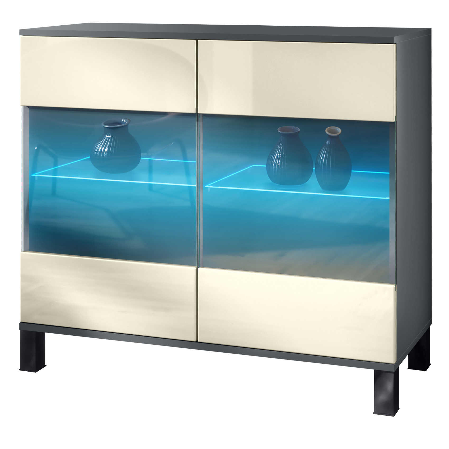 Bari V3 Kommode Anthrazit + LED mit 2 großen Glastüren inkl. RGB Beleuchtung Anthrazit matt / Creme Hochglanz (92,5 x 84.5 x 35)