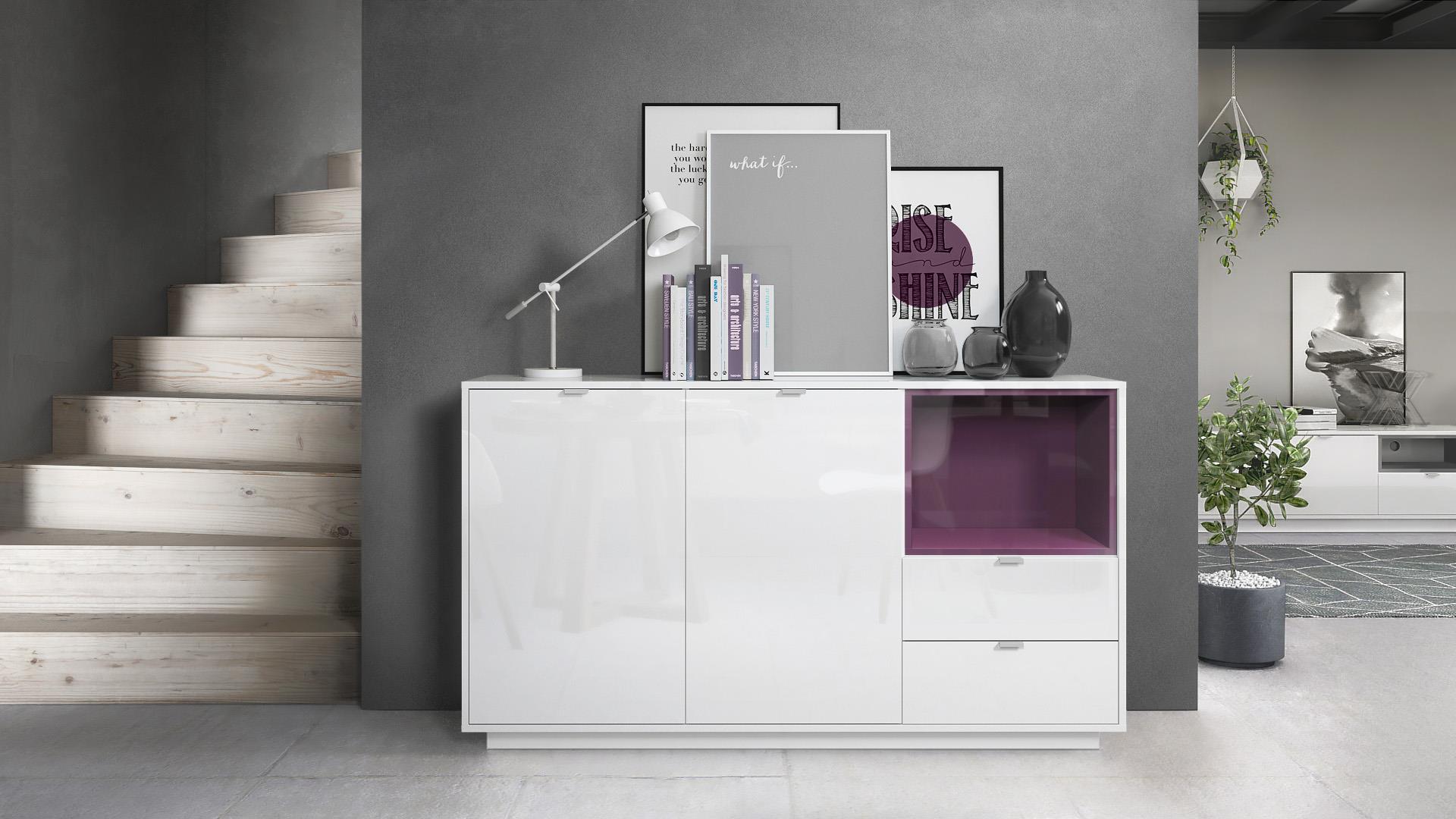 Sideboard  Metro  mit 2 Türen, 2 Schubladen und 1 offenem Fach Weiß Hochglanz/Brombeer Hochglanz (153 x 88 x 38 cm)