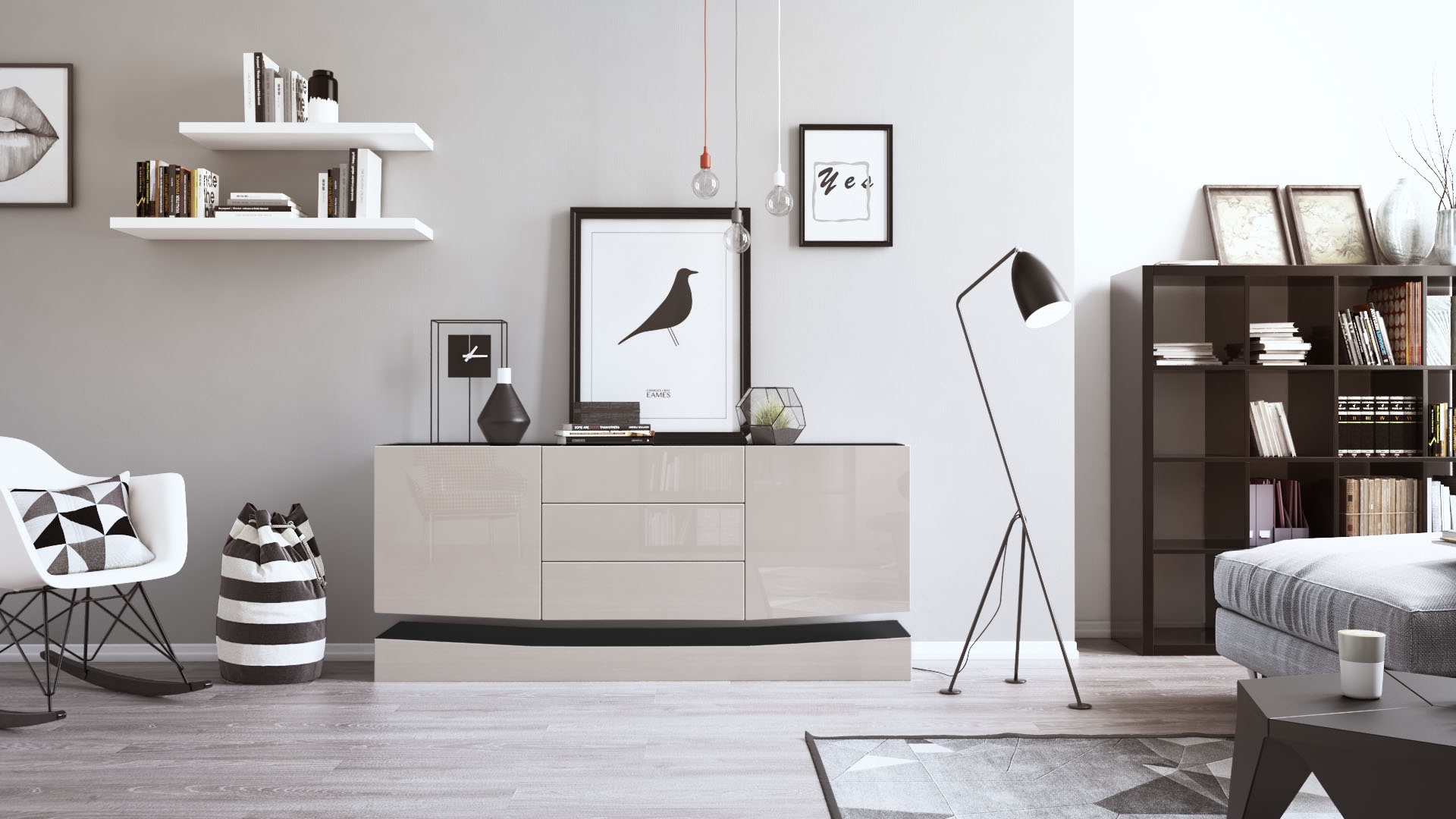 Sideboard City  mit 2 Türen und 3 Schubladen Schwarz matt/Sandgrau Hochglanz (178 x 72 x 38 cm)
