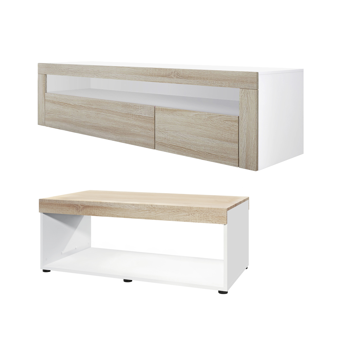 Wohnzimmer-Set Berlin bestehend aus 1 TV Board und 1 Couchtisch Weiß matt/Eiche sägerau