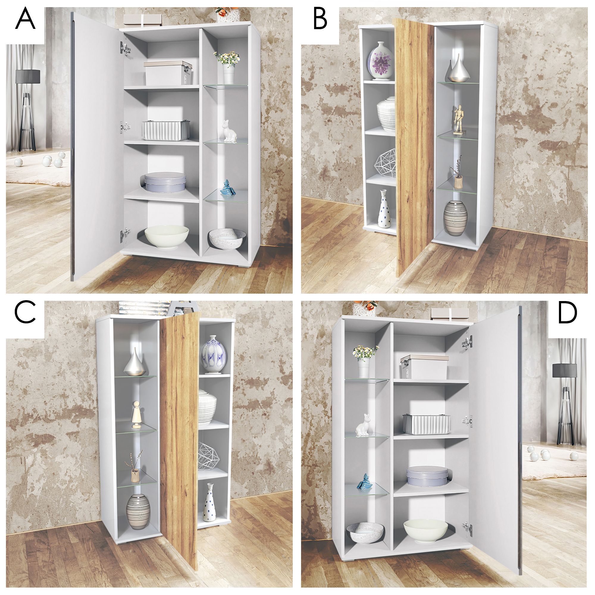Vitrine Davos mit 3 Glasböden und 8 Fächer inkl. LED Weiß matt/Beton Oxid Optik (71,5 x 134 x 35 cm)