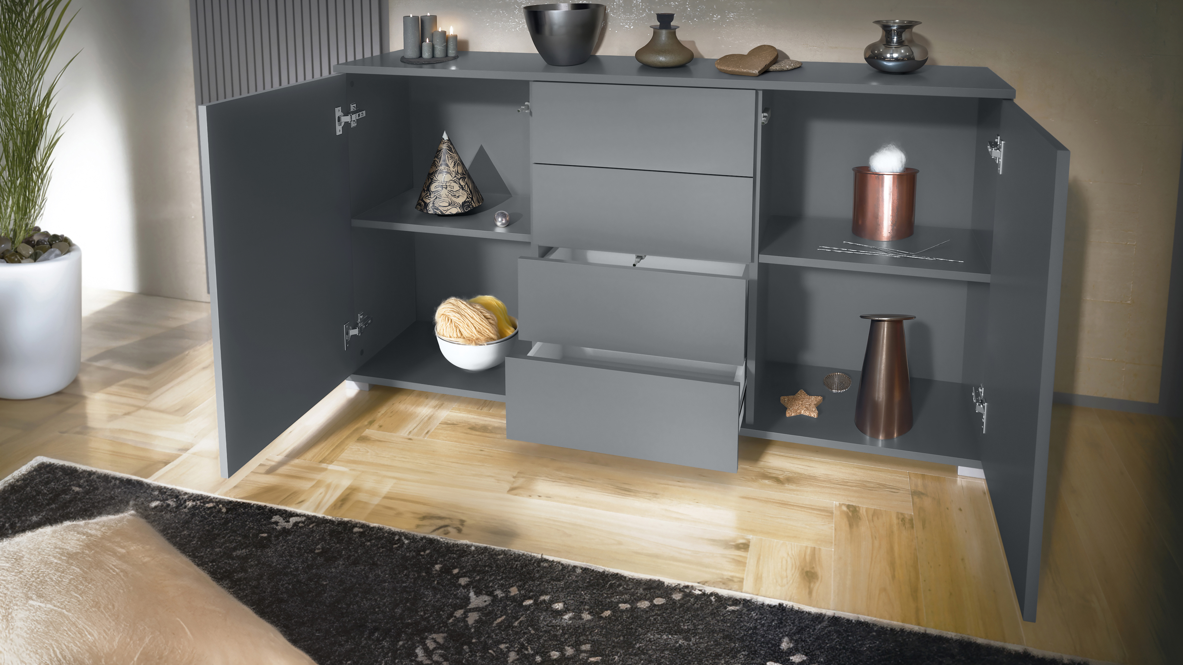 Santo V1 Sideboard Anthrazit mit 2 Türen und 4 Schubladen Anthrazit matt/Anthrazit matt (138,5 x 75,5 x 35 cm)