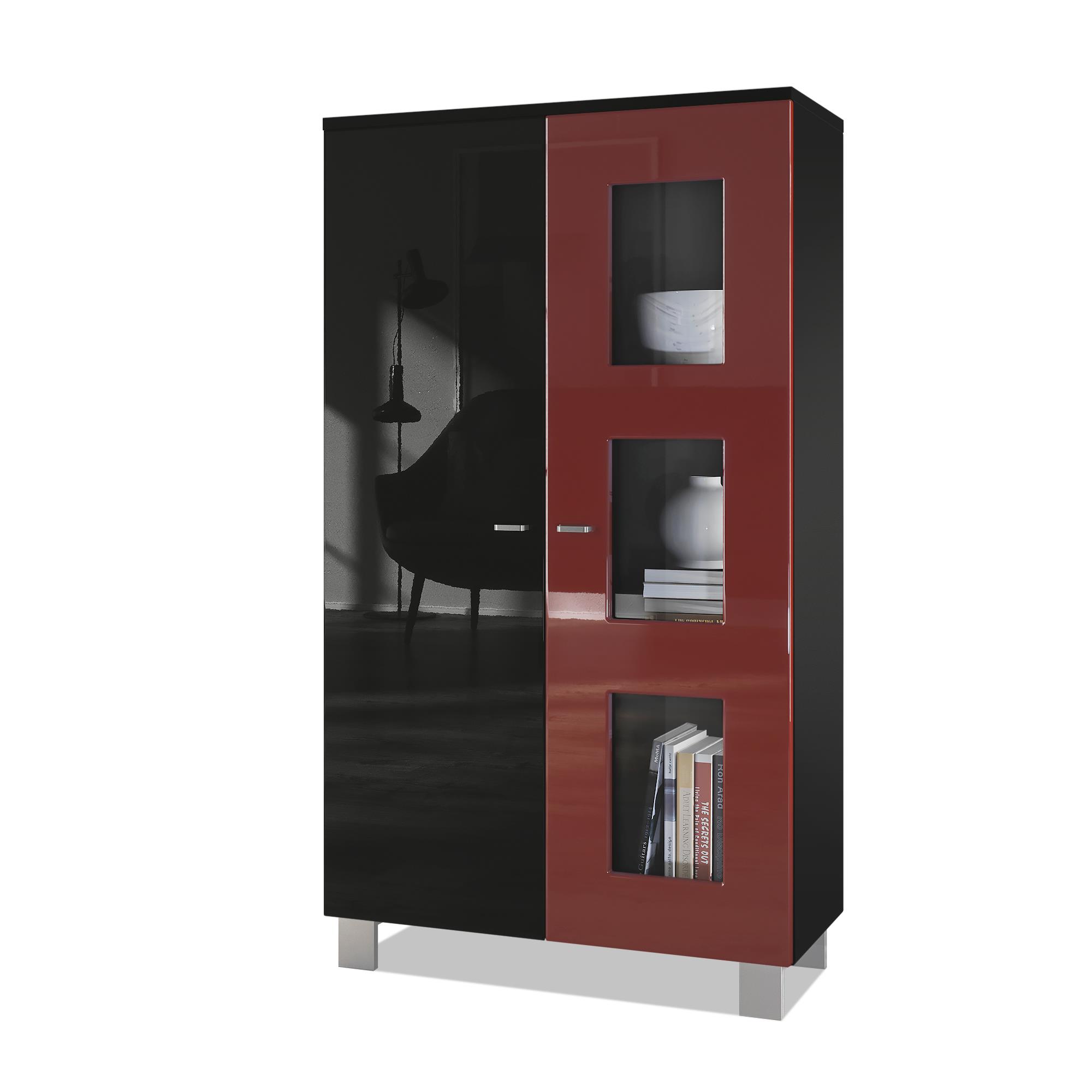 Vitrine Denjo  mit 2 Türen und 3 Glaseinsätzen Schwarz matt/ Schwarz Hochglanz/ Bordeaux Hochglanz (71 x 129 x 35 cm)