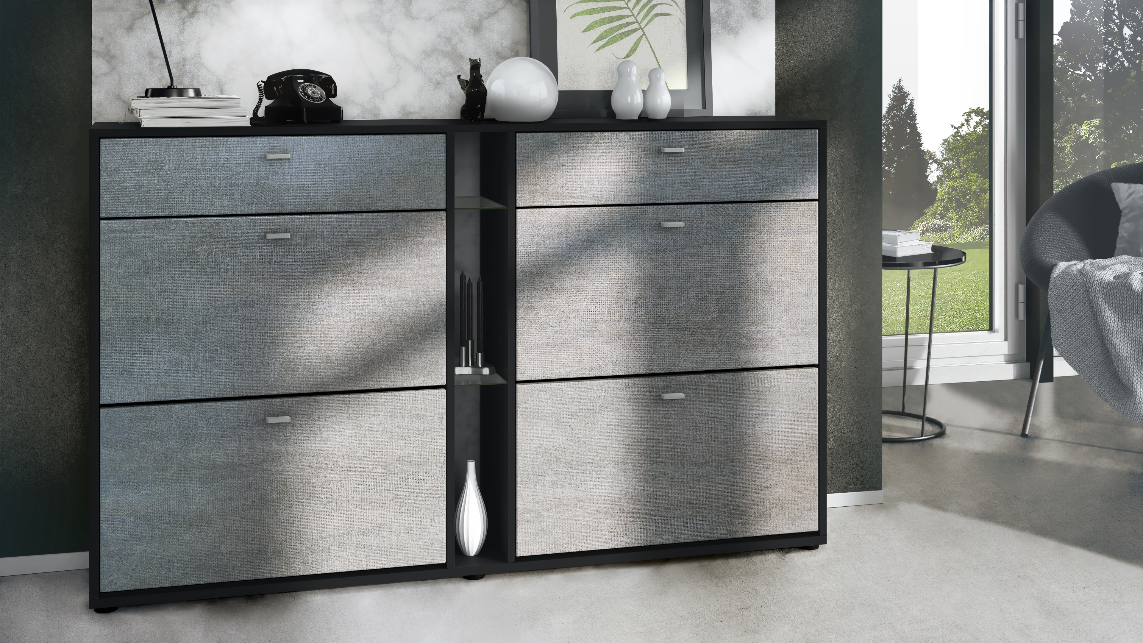 Today Schuhschrank 2 Schubladen und 3 offene Fächer  Schwarz matt/Braun meliert (155,5 x 95 x 28 cm)