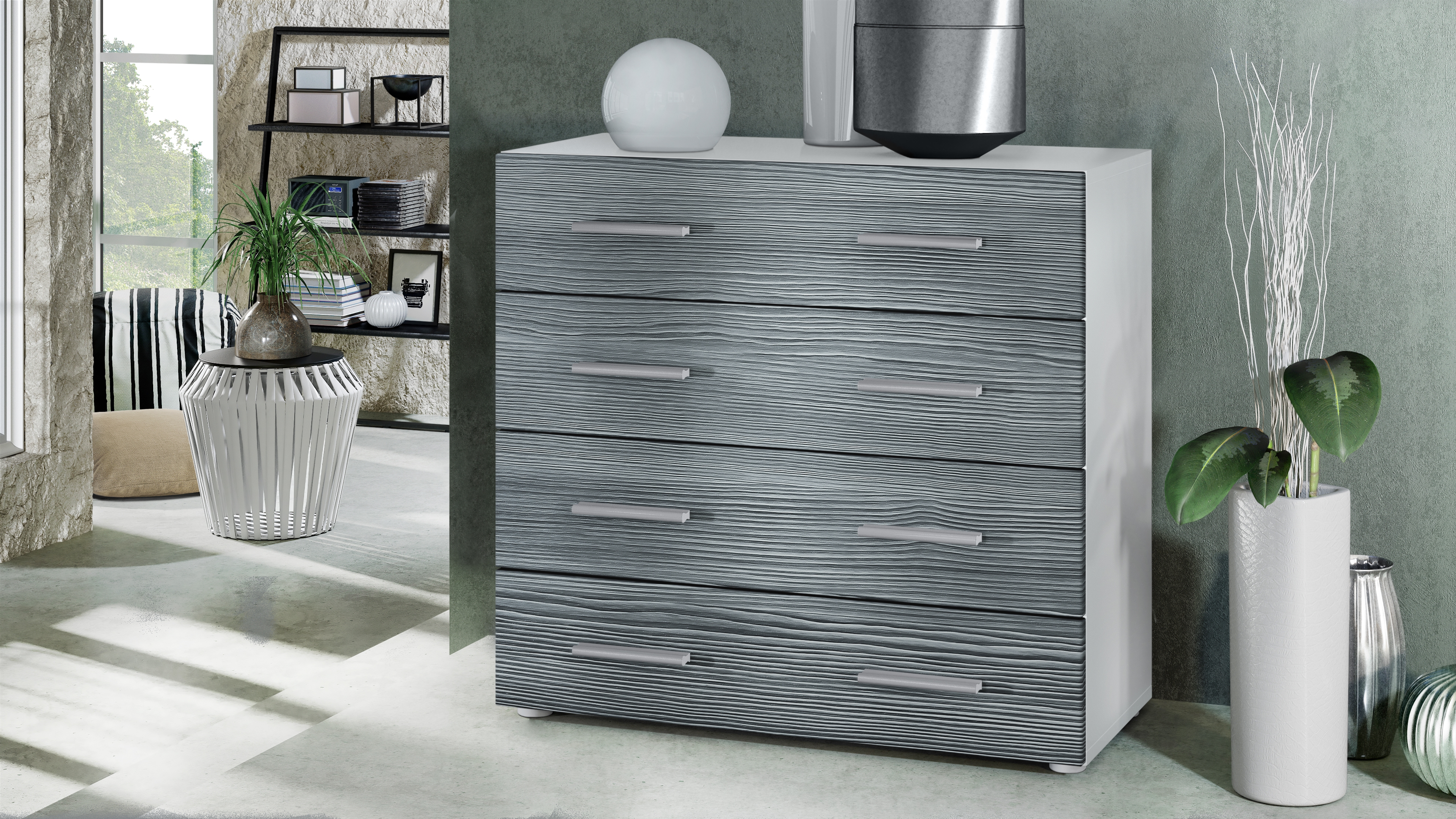 Kommode Pavos V1 ​mit 4 Schubladen Weiß matt/Avola-Anthrazit (76 x 72 x 35 cm)