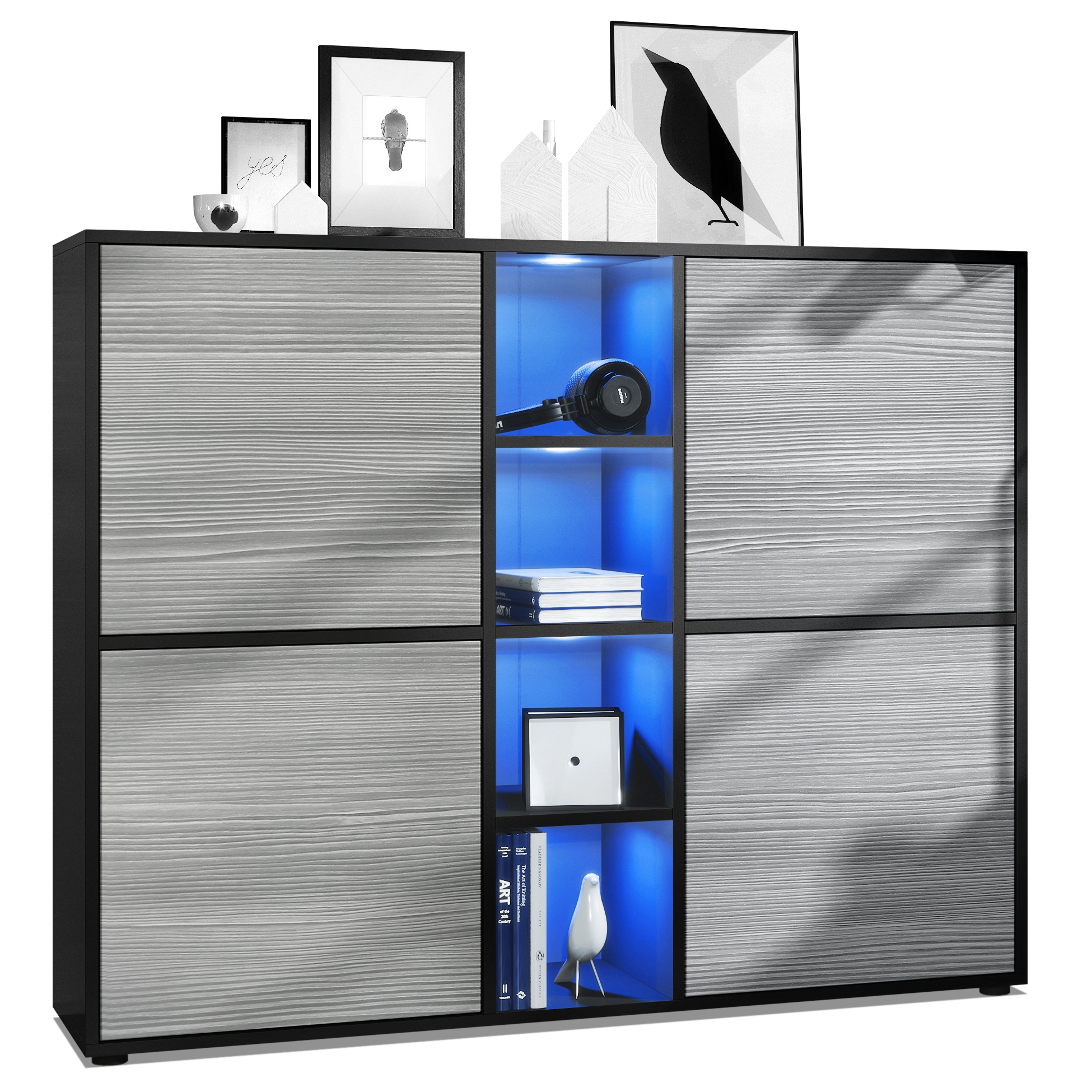 Highboard Cuba V3   mit 12 Fächern, inkl. RGB LED Beleuchtung  Korpus in Schwarz matt / in Avola-Anthrazit (130,5x105,5x35,5 cm)