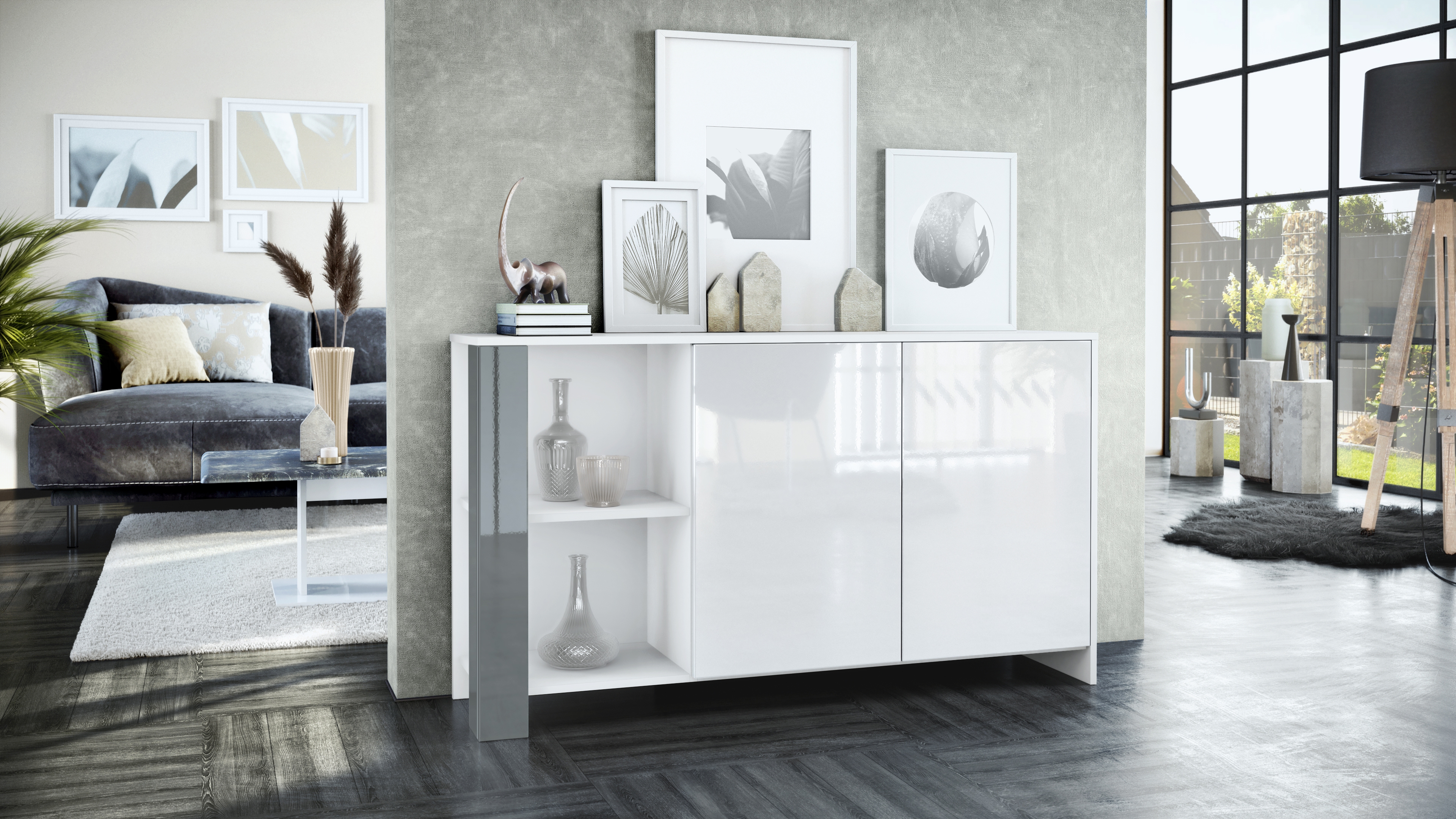 Wohnraum Set Venedig bestehend aus 1 Highboard und 1 Sideboard Weiß matt, Weiß Hochglanz, Grau Hochglanz