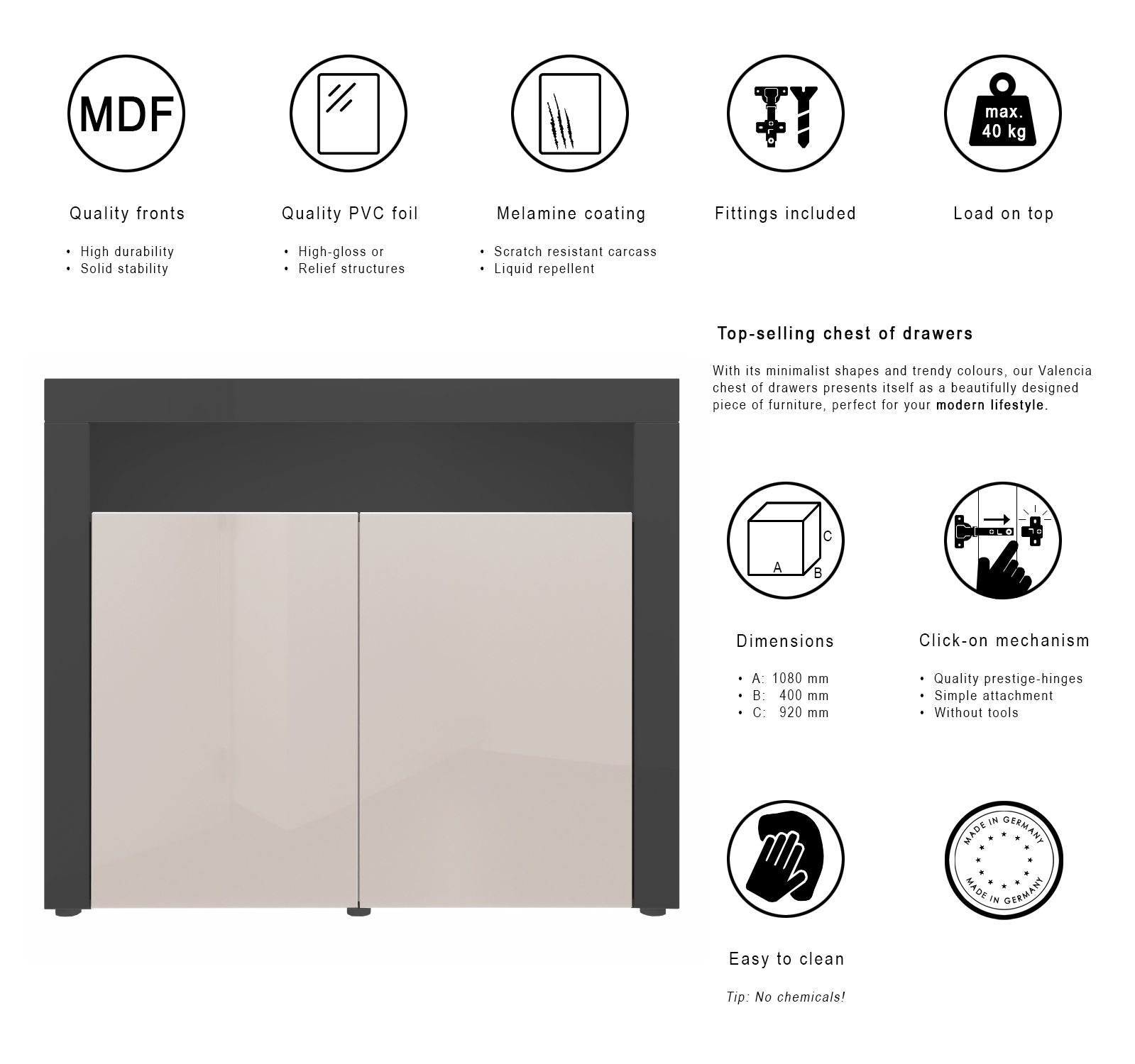 Kommode Valencia Sideboard mit 2 Türen und 1 offenem Fach Schwarz matt/Beton Oxid Optik/Beton Oxid Optik (108 x 92 x 40 cm)
