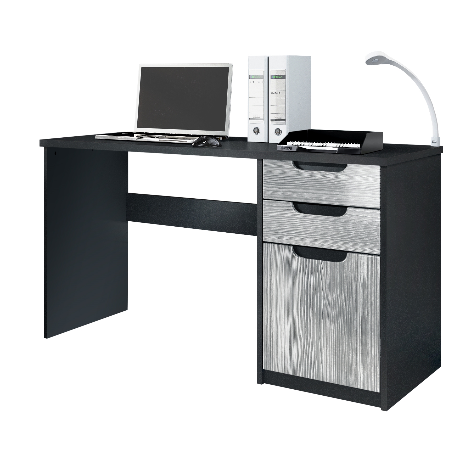 Schreibtisch Logan mit 2 Schubladen und 1 Tür Schwarz matt/Avola-Anthrazit (129 x 76 x 60 cm)