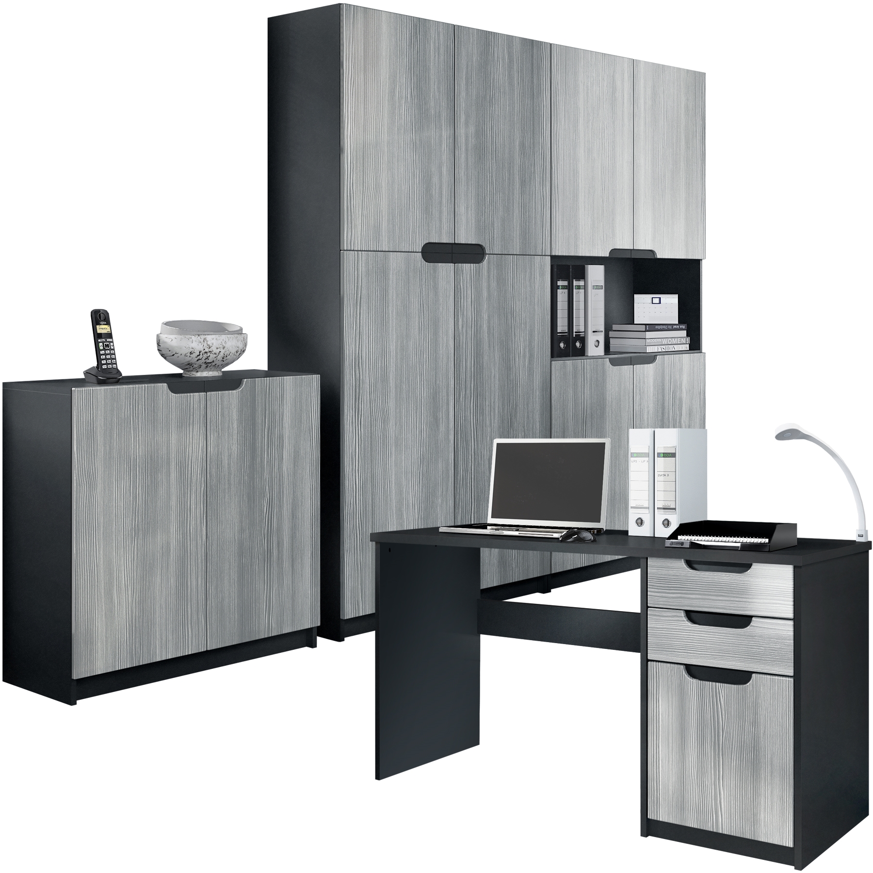 Büromöbel-Set Logan mit 1 Schreibtisch, 2 Schränken und 1 Kommode Schwarz matt/Avola-Anthrazit (246 x 60 x 185 cm)