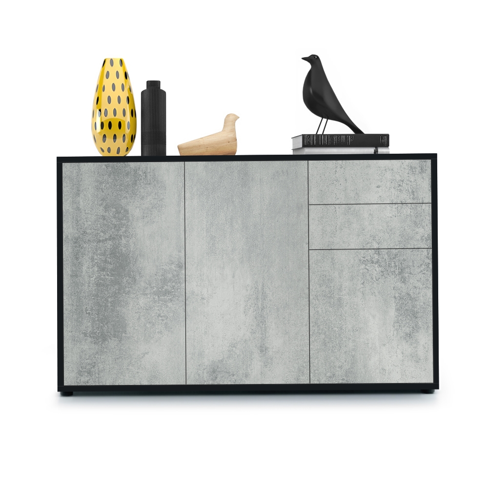 Kommode Ben V3  mit 3 Türen und 2 Schubladen Schwarz matt/Beton Oxid-Optik (117 x 74 x 36 cm)