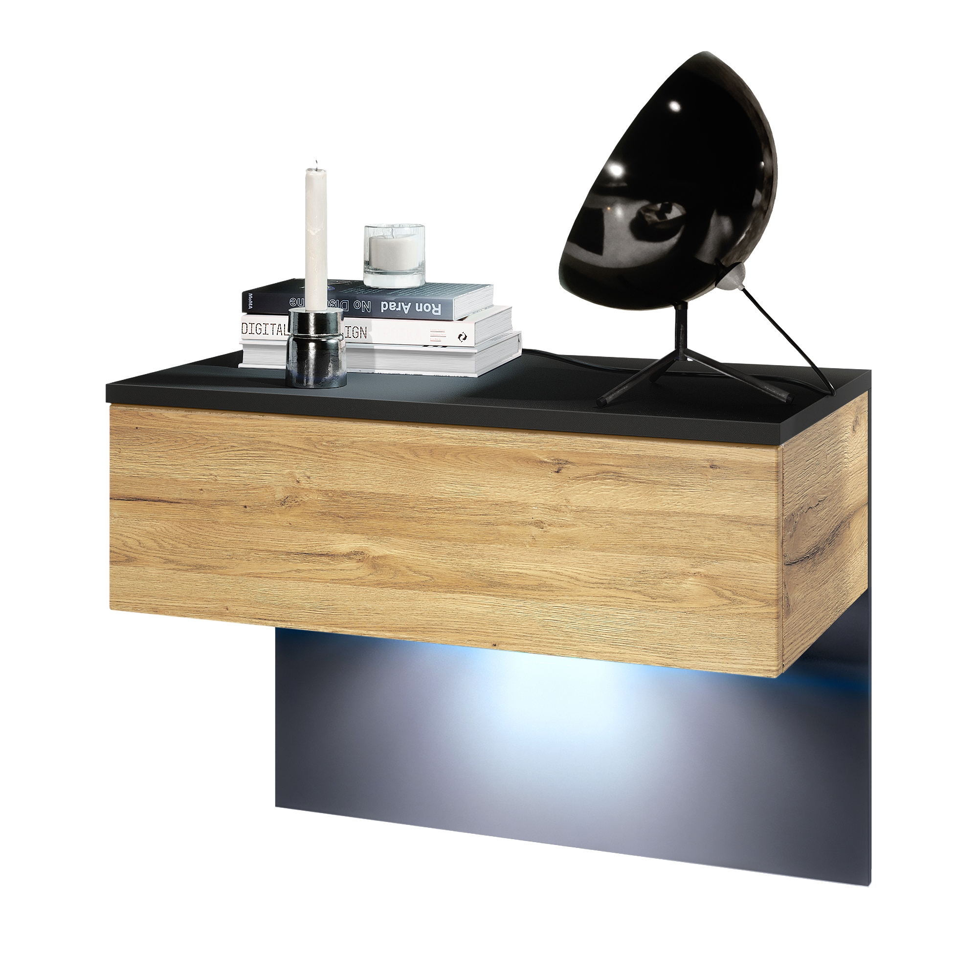 Nachttisch Sleep  mit Schublade zur Wandmontage Schwarz matt/Eiche Natur, inkl. LED-Beleuchtung (60 x 46 x 35 cm)